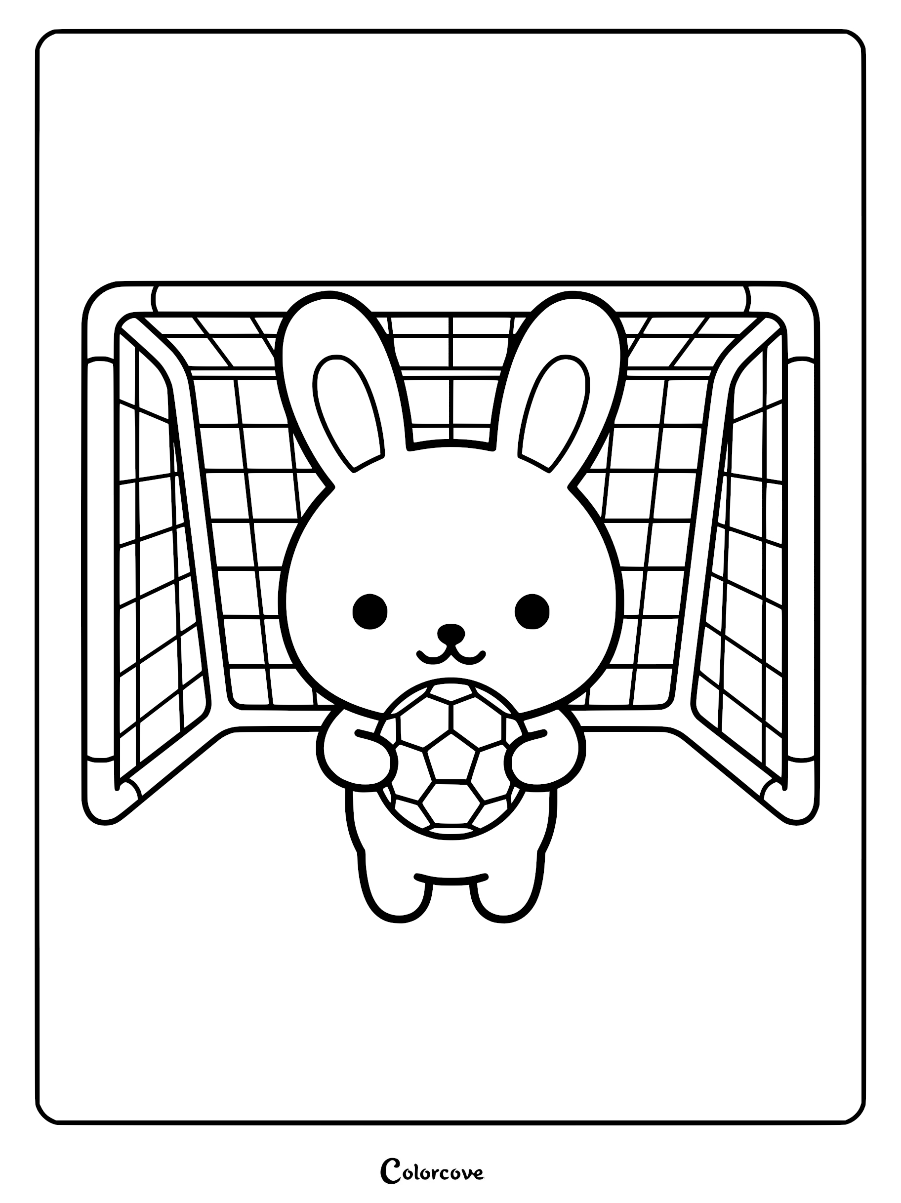 A cute cartoon bunny holding a soccer ball in front of a goal net in this printable coloring page.