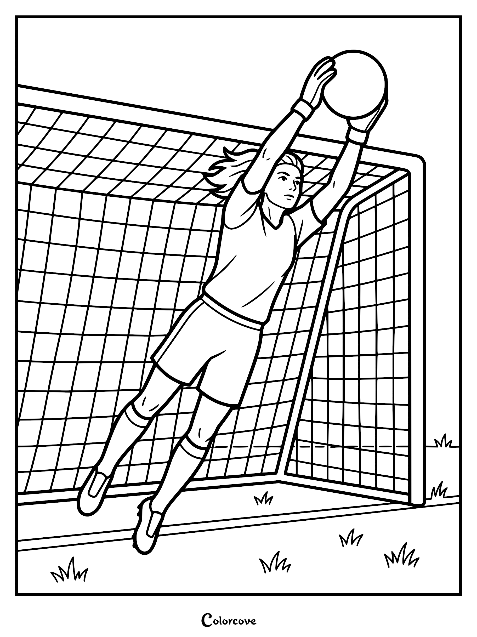 A female soccer goalkeeper jumping to catch a ball in front of the net in this printable coloring page.