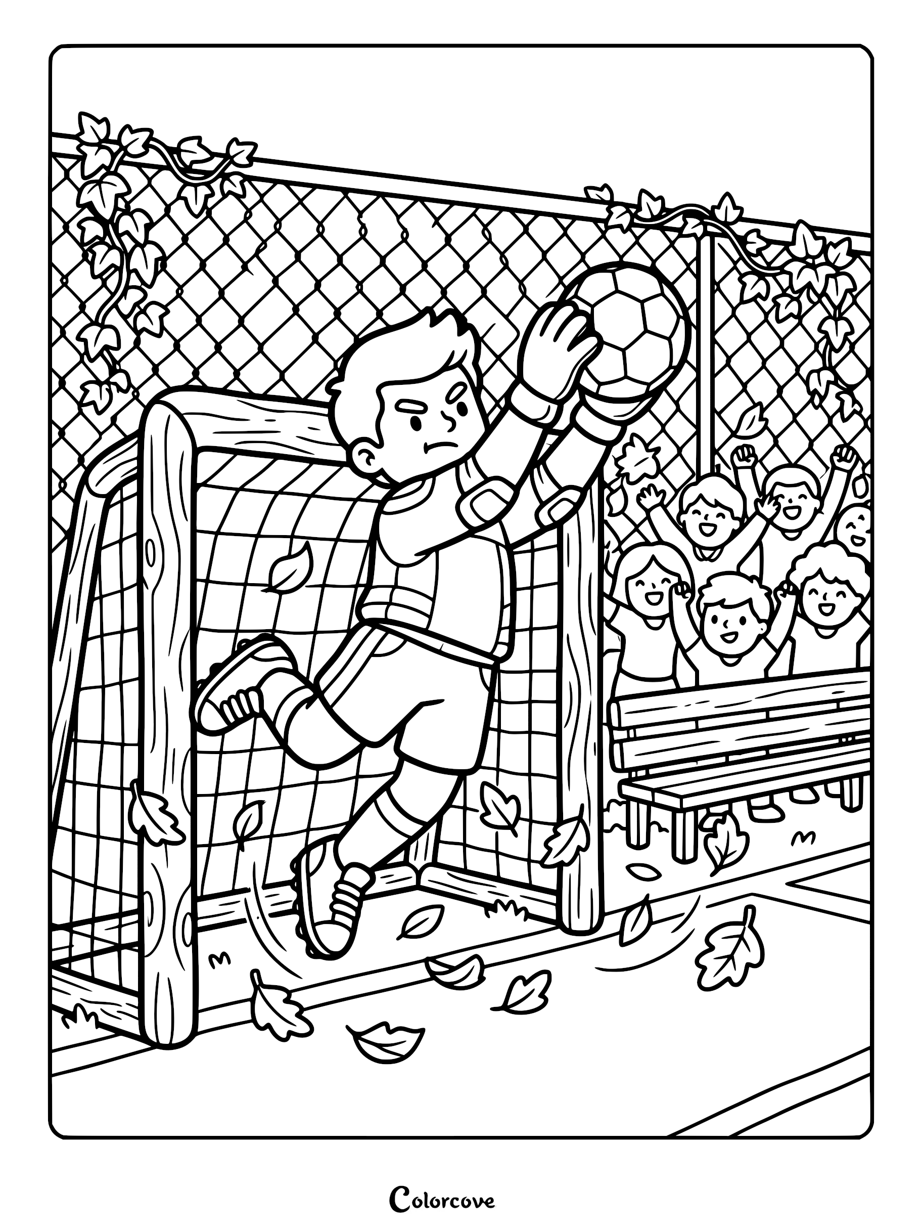 A determined young soccer goalkeeper jumping to catch a ball in front of a chain-link fence, featured in a detailed line art coloring page.
