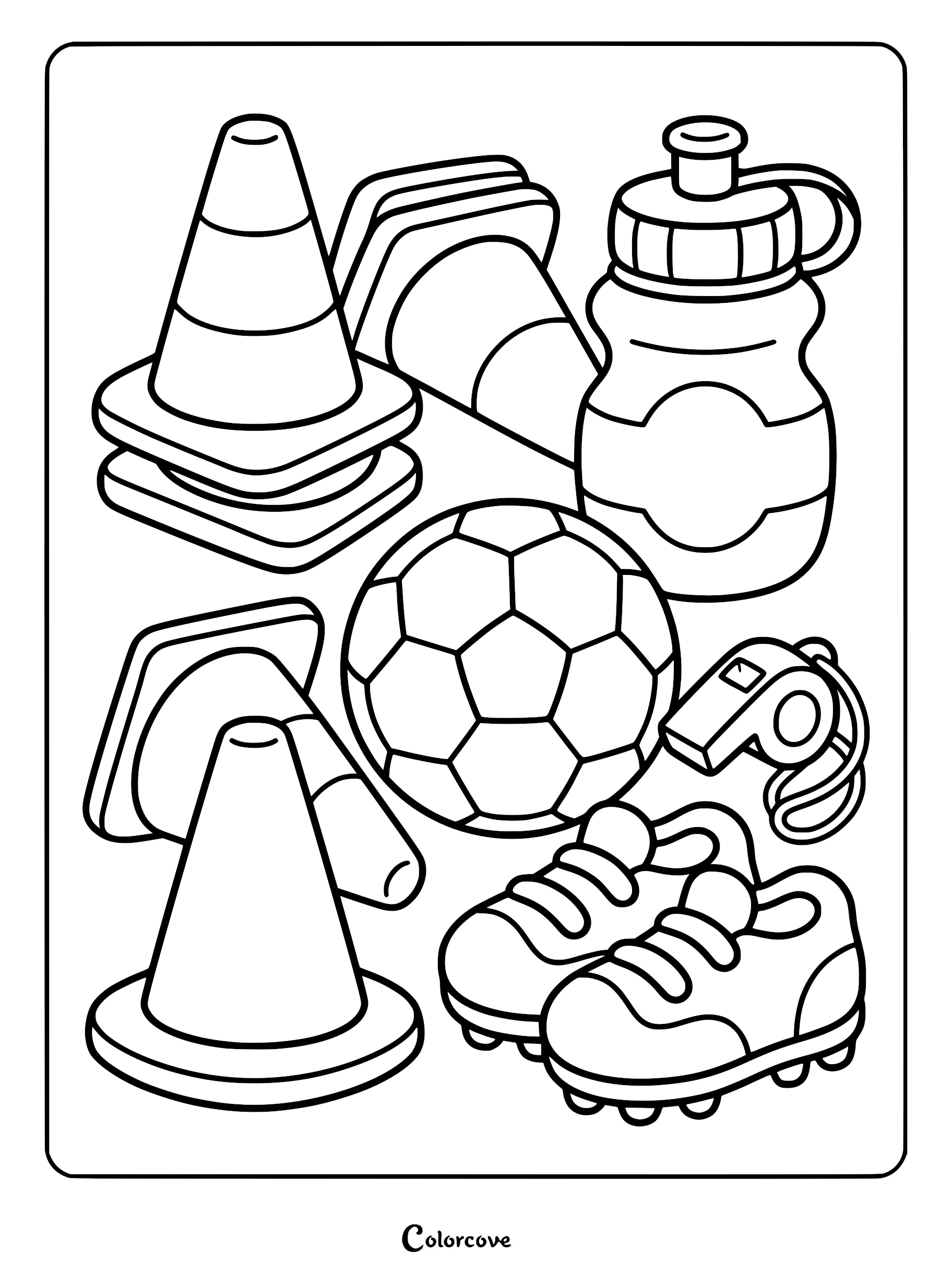 Soccer coloring page featuring a ball, cleats, cones, whistle, and water bottle.