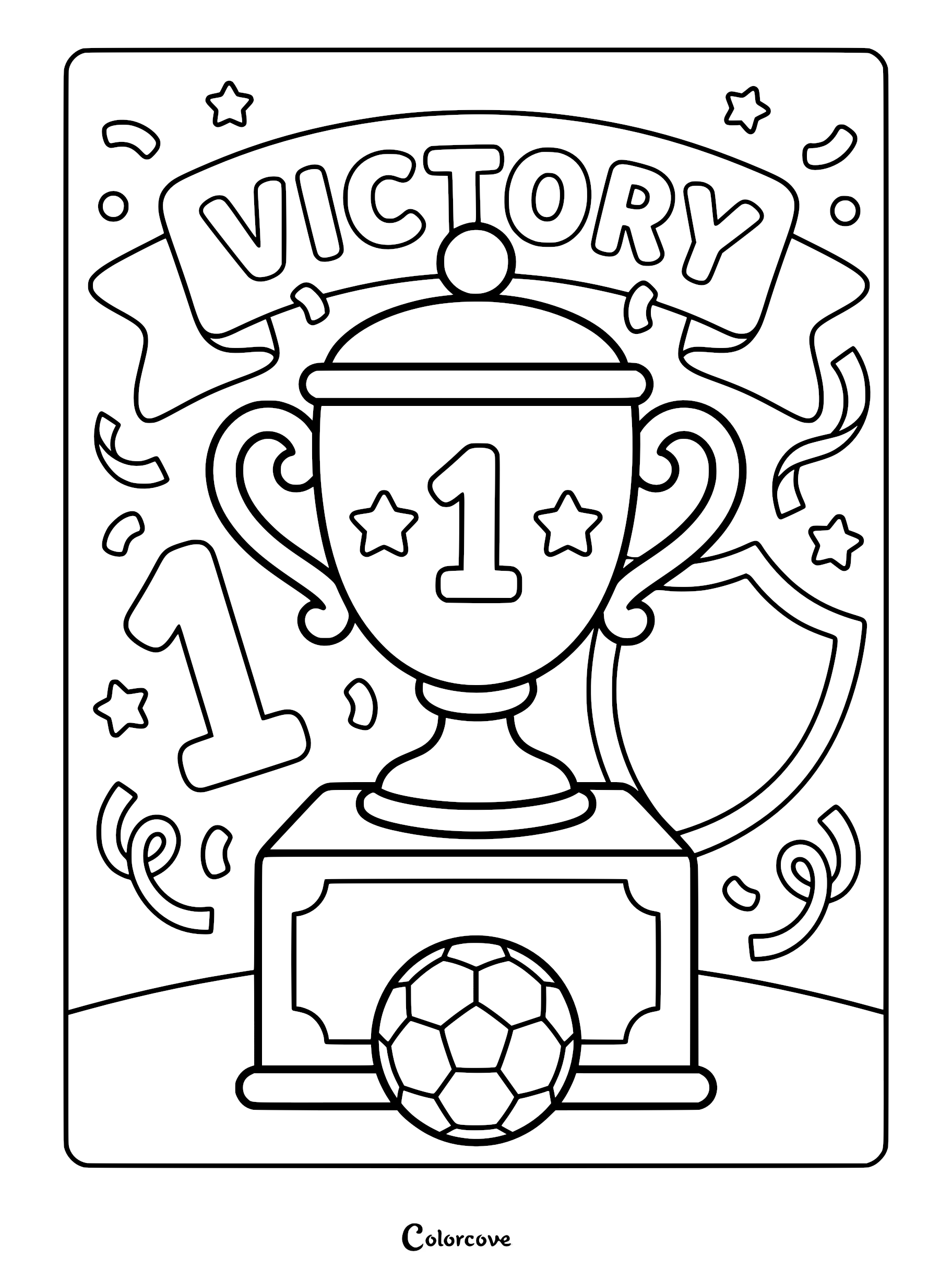 A soccer championship trophy coloring page featuring a large cup with a number one, a soccer ball, and a victory banner.