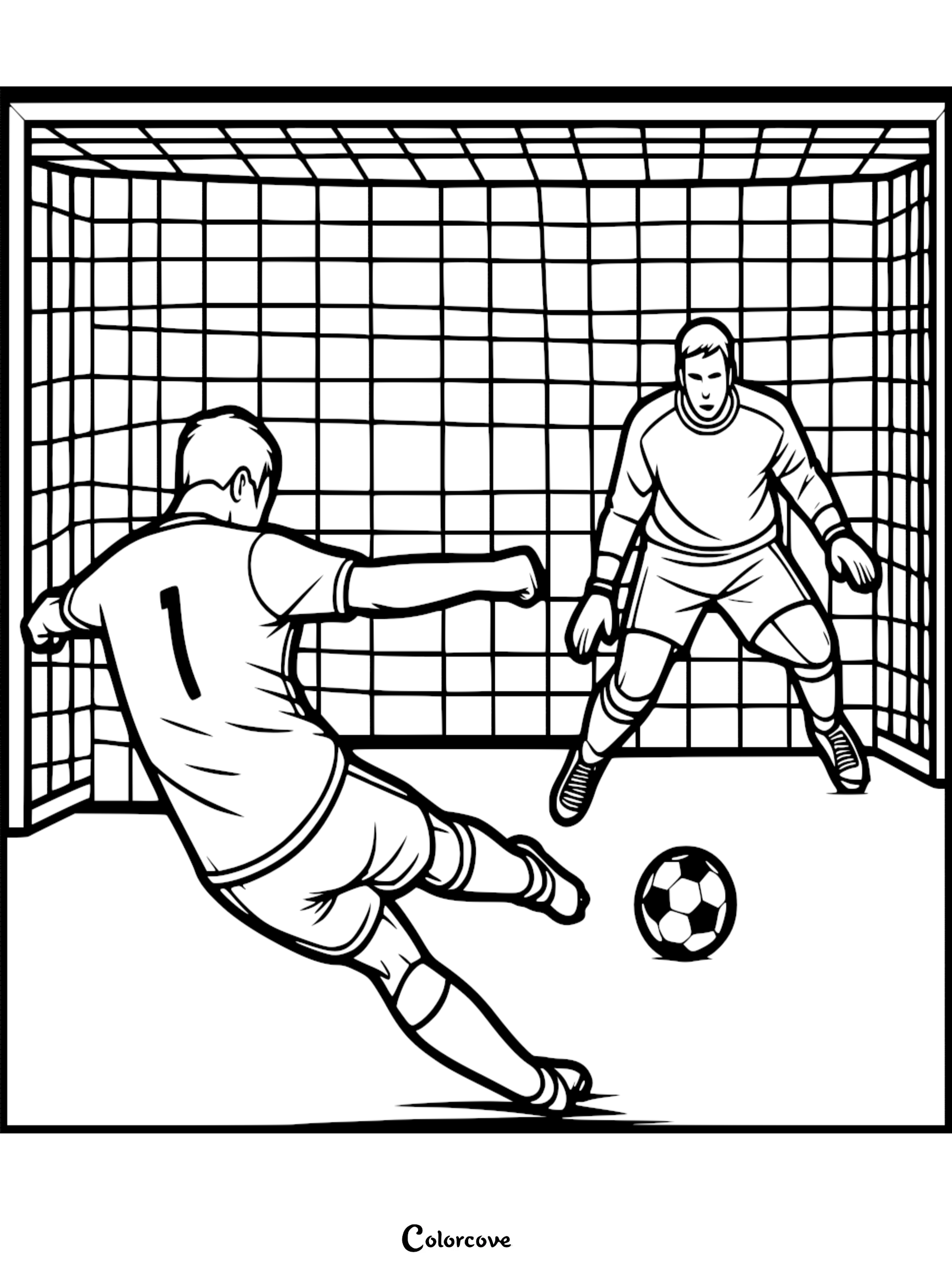 A soccer player wearing jersey number 1 taking a penalty kick against a goalkeeper in front of a net, black and white line art coloring page.