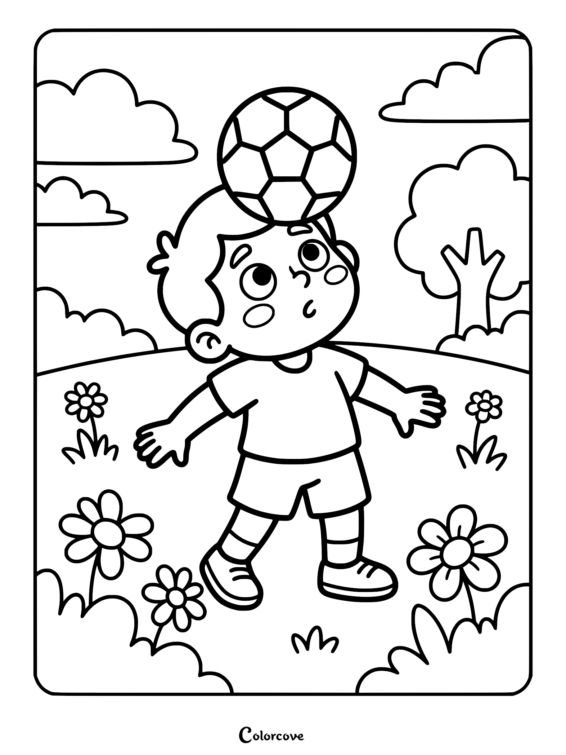 A young boy balancing a soccer ball on his forehead in a grassy field with flowers, coloring page style line art.