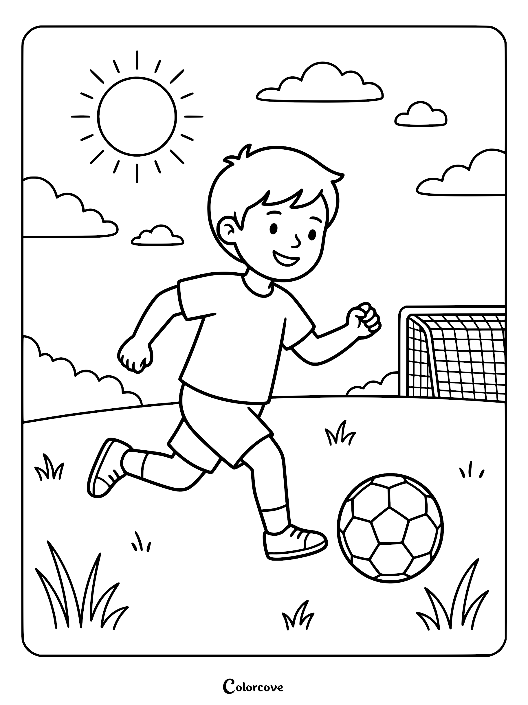 A young boy running across a grassy field toward a soccer goal, featured in a simple line art coloring page.
