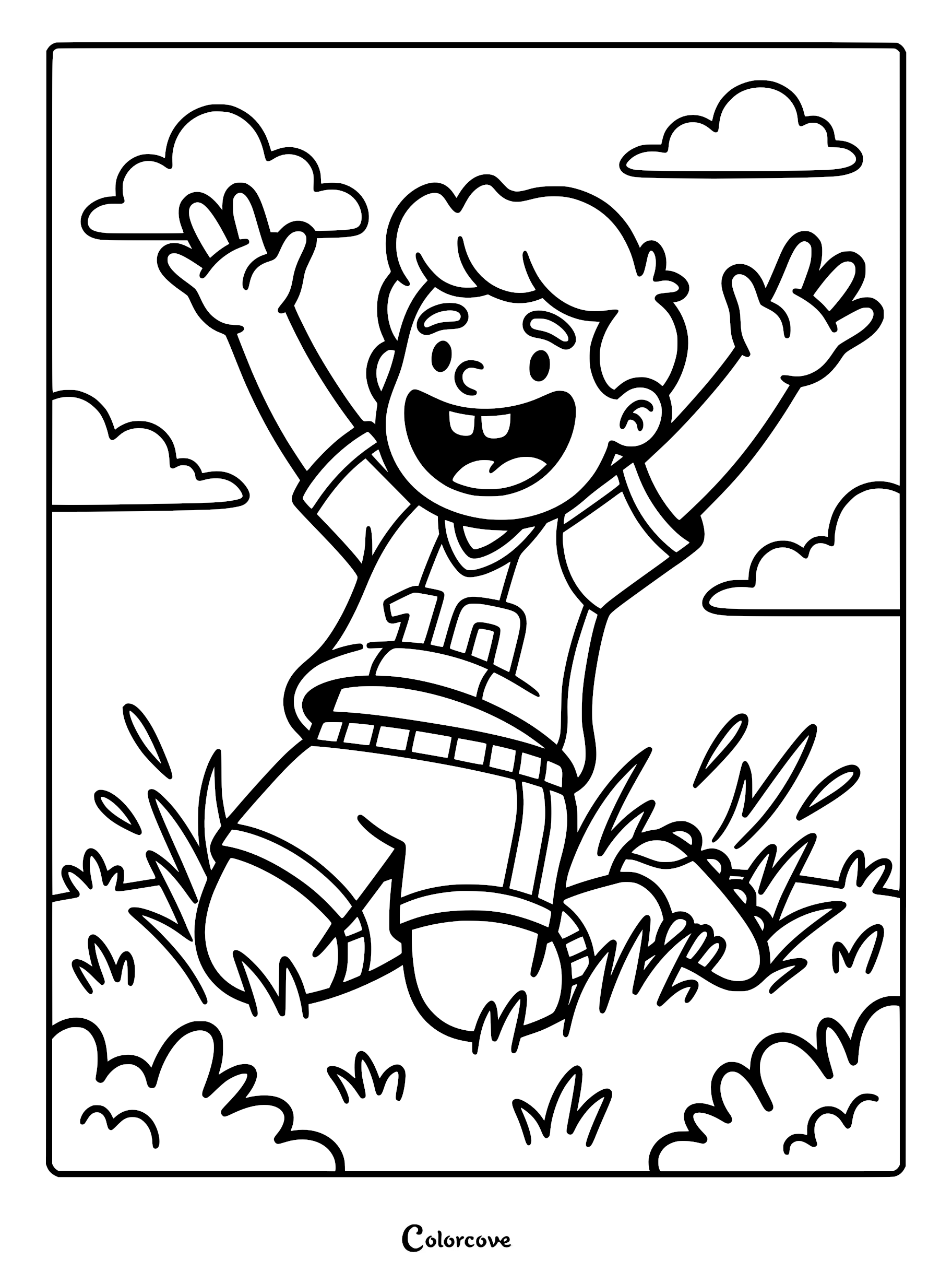 A happy young soccer player wearing a number 10 jersey sliding on his knees in celebration, coloring page style line art.