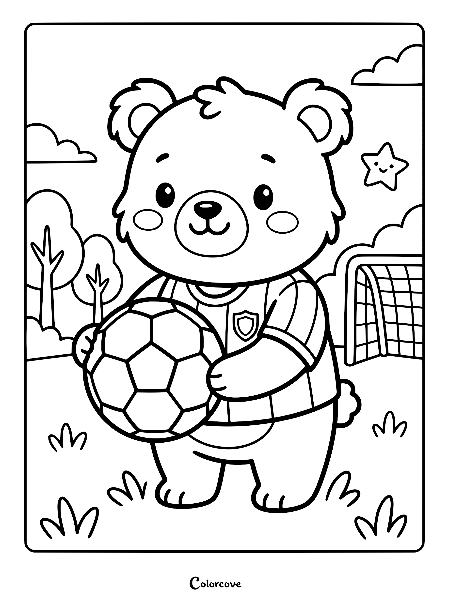 A cute teddy bear wearing a striped soccer jersey holding a soccer ball in front of a goal on this printable coloring page.