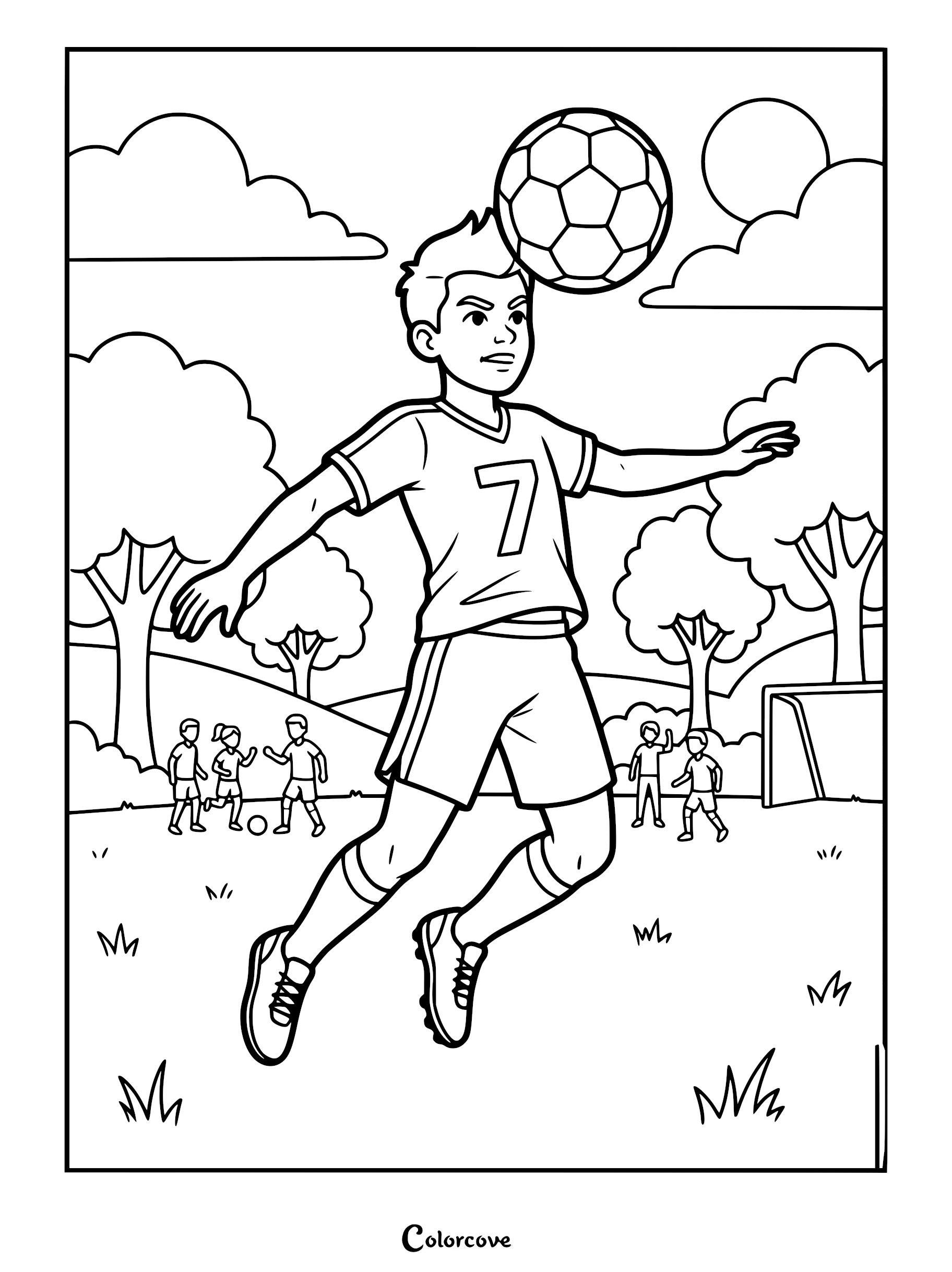 A young soccer player wearing a jersey with number 7 heading a soccer ball in a park, printable coloring page.