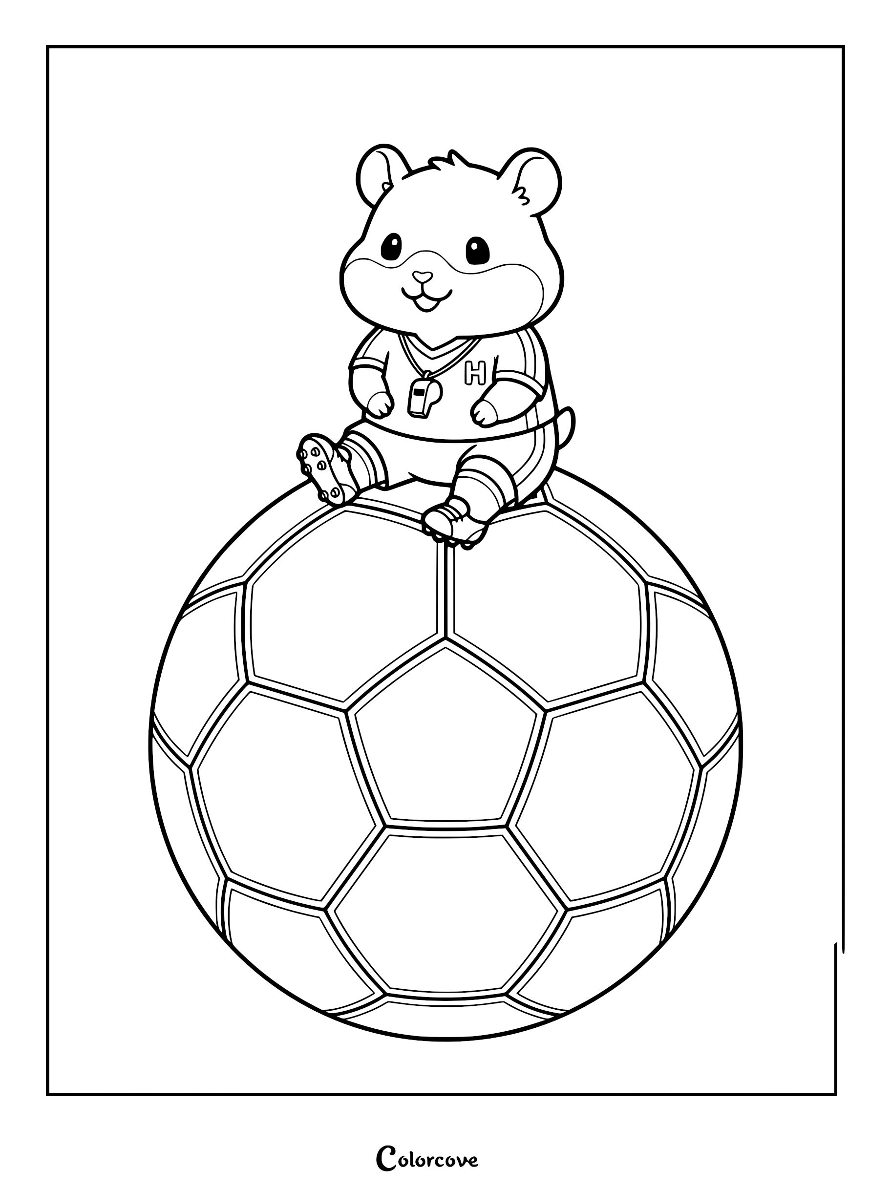A cute hamster wearing a soccer coach uniform with a whistle sitting on top of a large soccer ball in this printable coloring page.