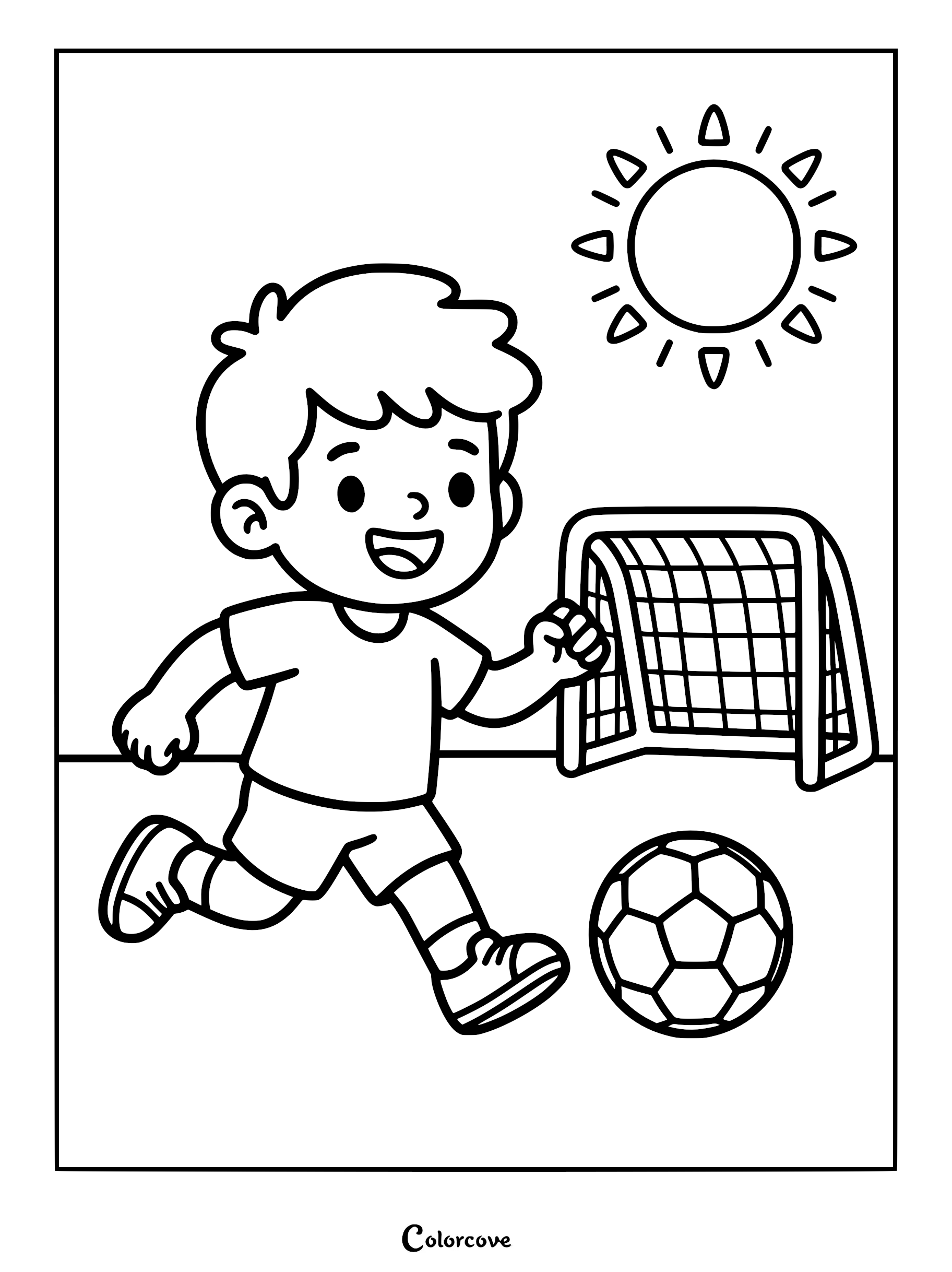 A happy boy running toward a soccer goal with a ball in this printable coloring page.