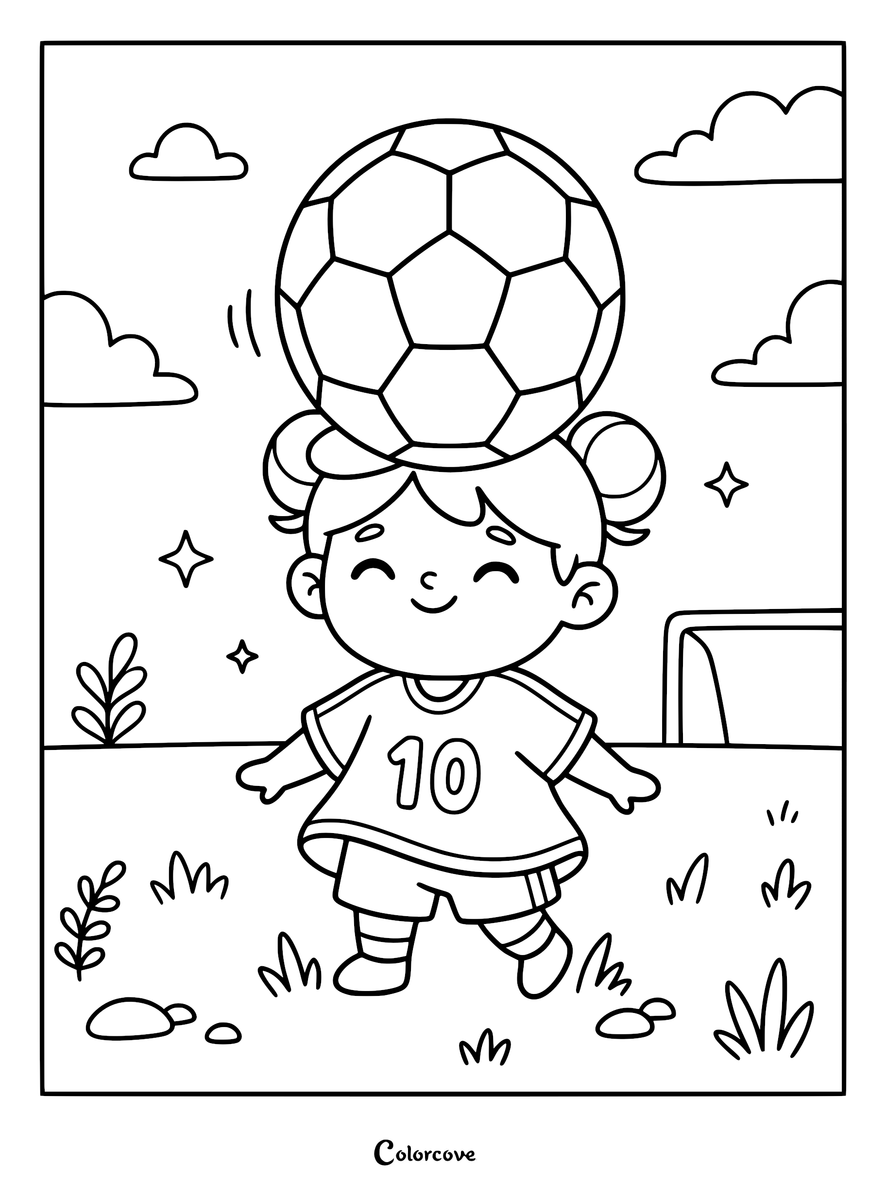 A cute girl with space buns wearing a number 10 jersey balancing a soccer ball on her head in this printable coloring page.