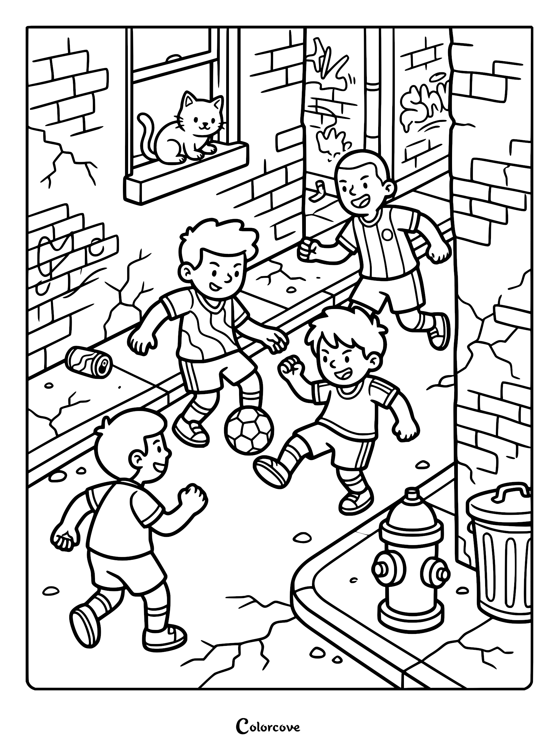 Four young boys playing a soccer match in a narrow urban alleyway with a cat watching from a window, line art coloring page.