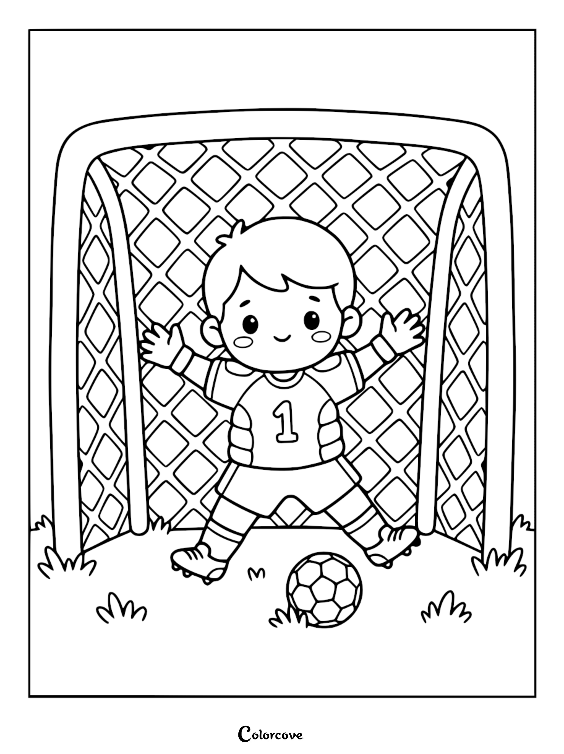 A cute cartoon boy wearing a number 1 goalkeeper jersey standing in front of a soccer net with a ball at his feet in this printable coloring page.