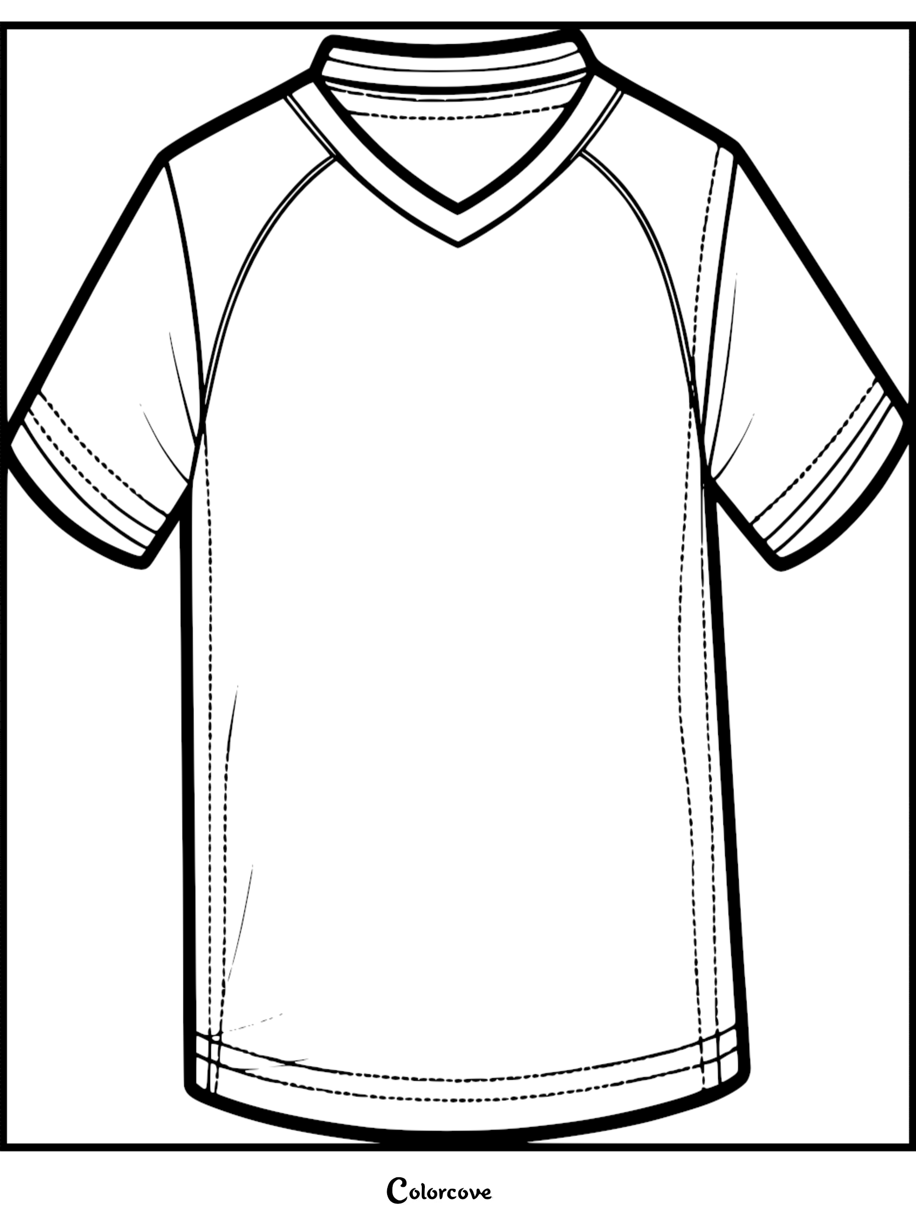 A blank v-neck soccer jersey coloring page with raglan sleeves and visible stitching details.
