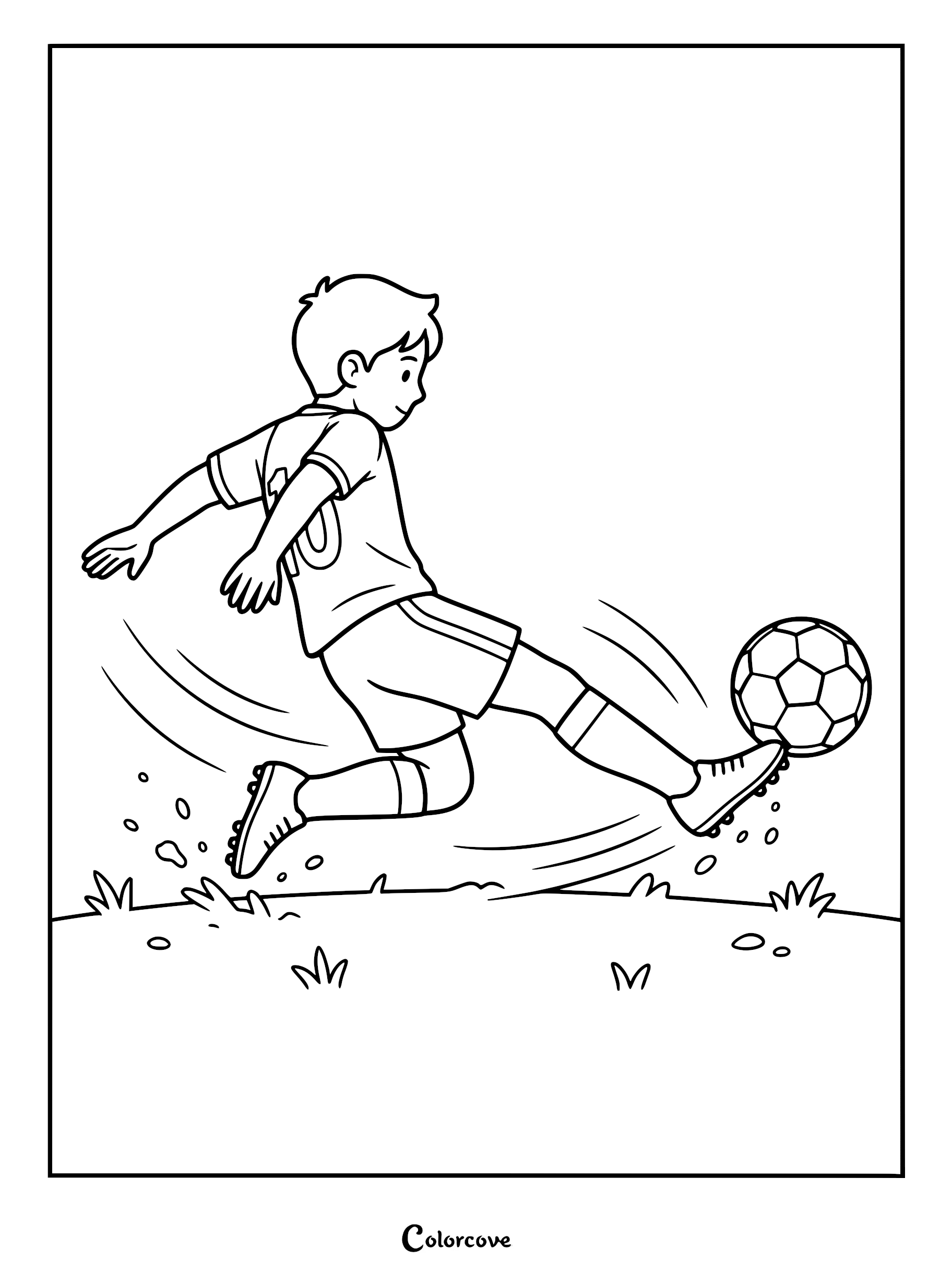 A young soccer player wearing a jersey with the number 10 kicking a soccer ball on a grass field in this printable coloring page.