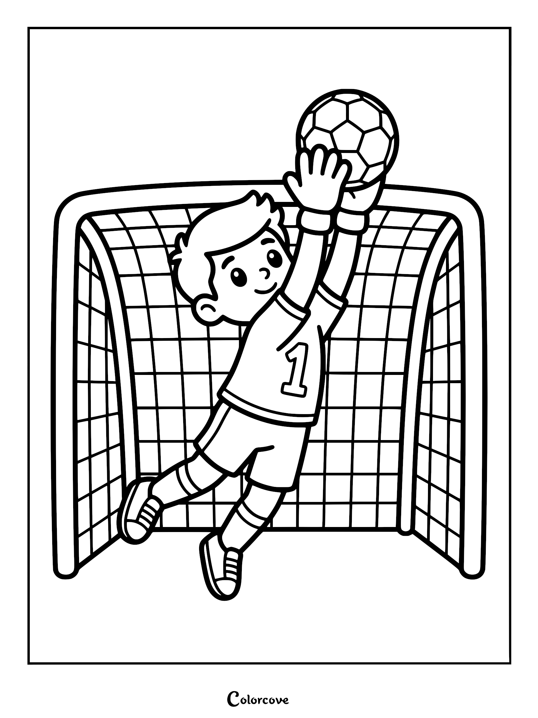 A young soccer goalkeeper wearing a number one jersey jumping to catch a ball in front of the net in this printable coloring page.