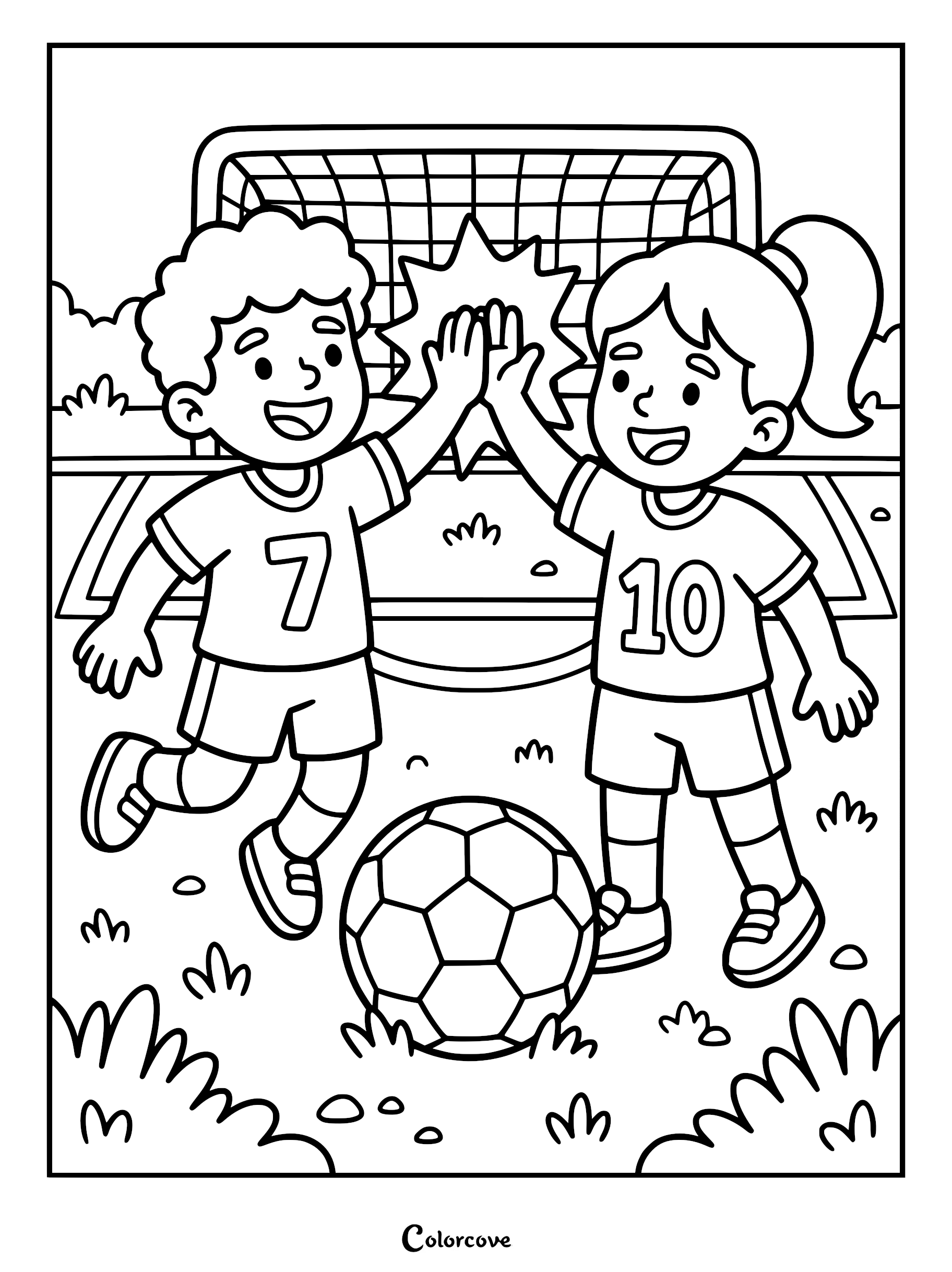 A boy and girl in soccer jerseys numbered 7 and 10 giving a high five in front of a soccer goal, printable coloring page.