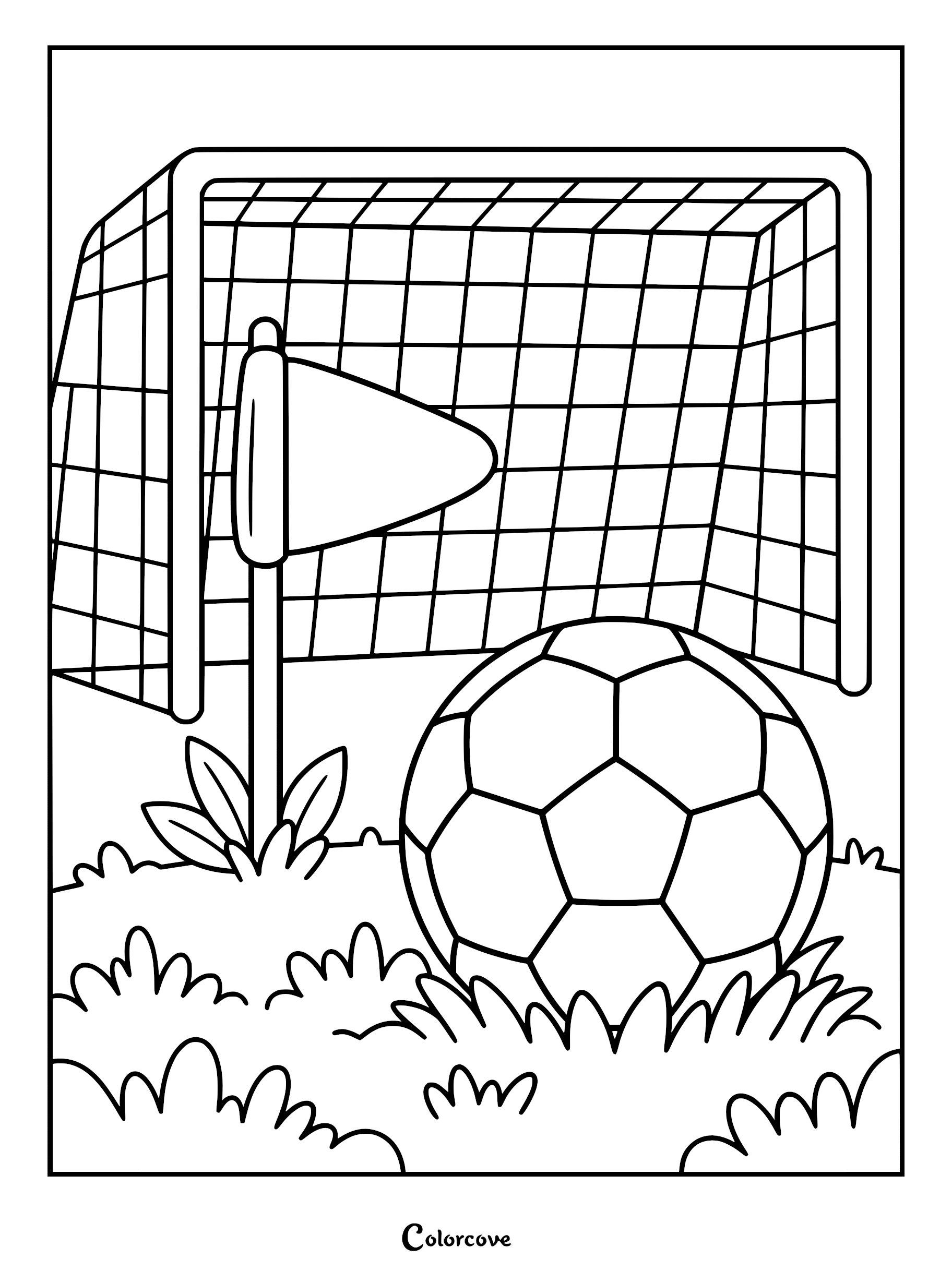 A soccer ball resting on the grass next to a corner flag and a soccer goal net in this printable coloring page.