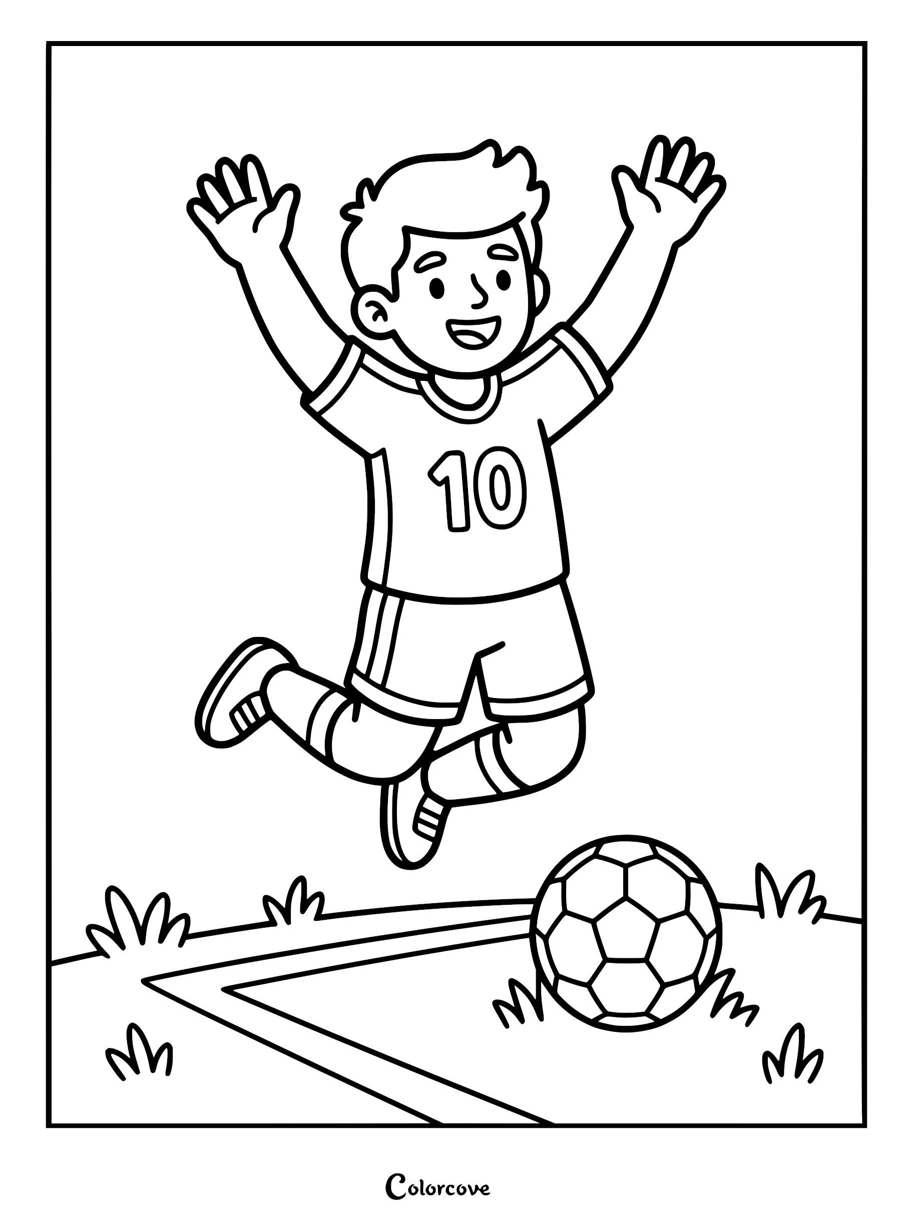 A young soccer player wearing a number 10 jersey jumping in celebration next to a soccer ball on a field, coloring page.