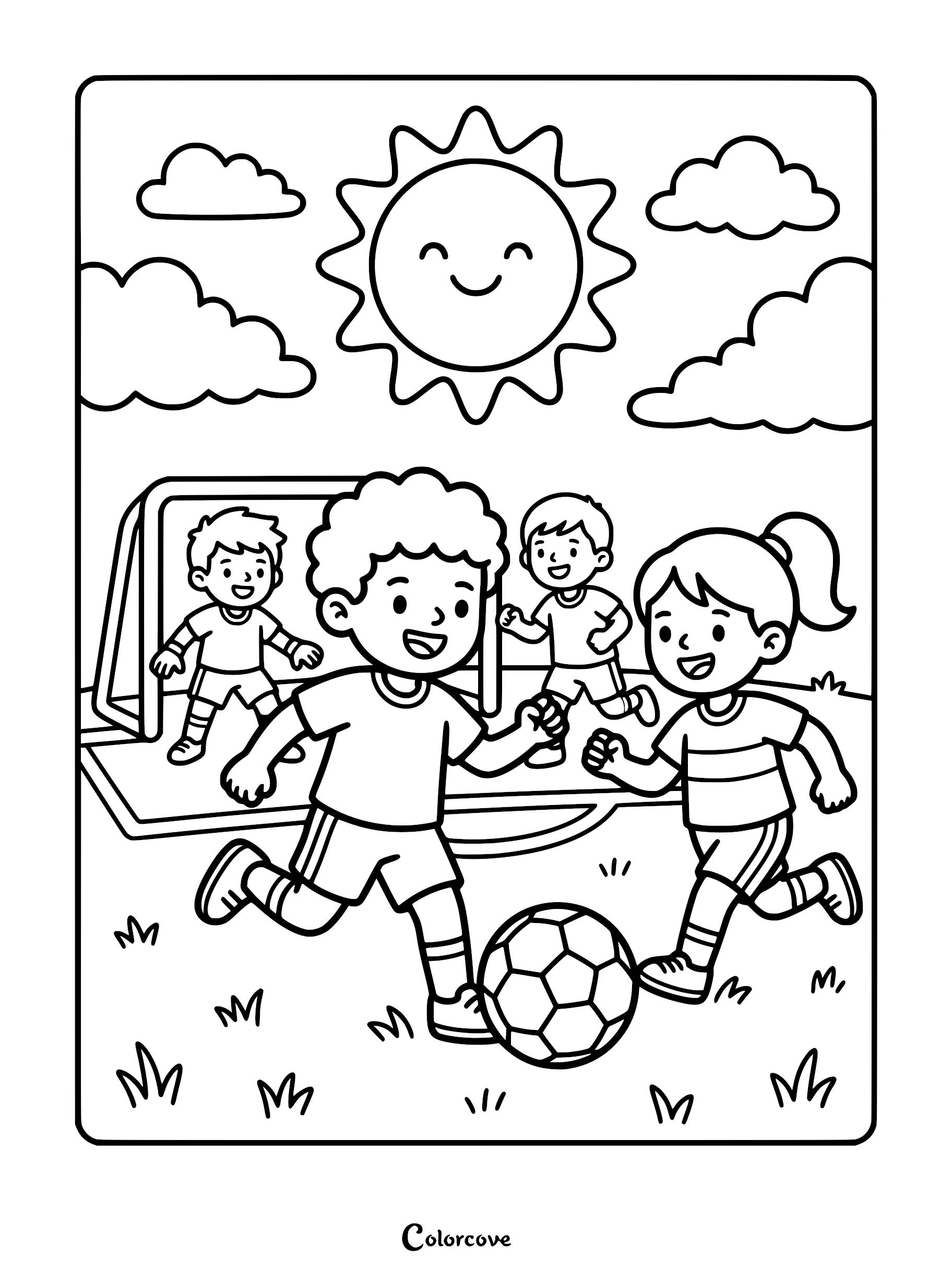 Four happy children playing a soccer match on a sunny day in this printable coloring page featuring a goal net and a soccer ball.