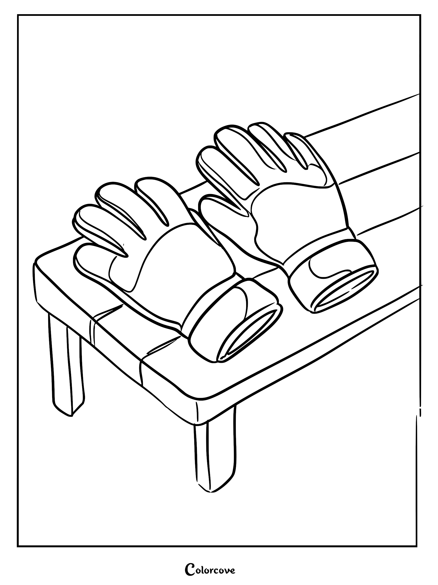 A pair of professional soccer goalkeeper gloves resting on a wooden bench, black and white line art coloring page.