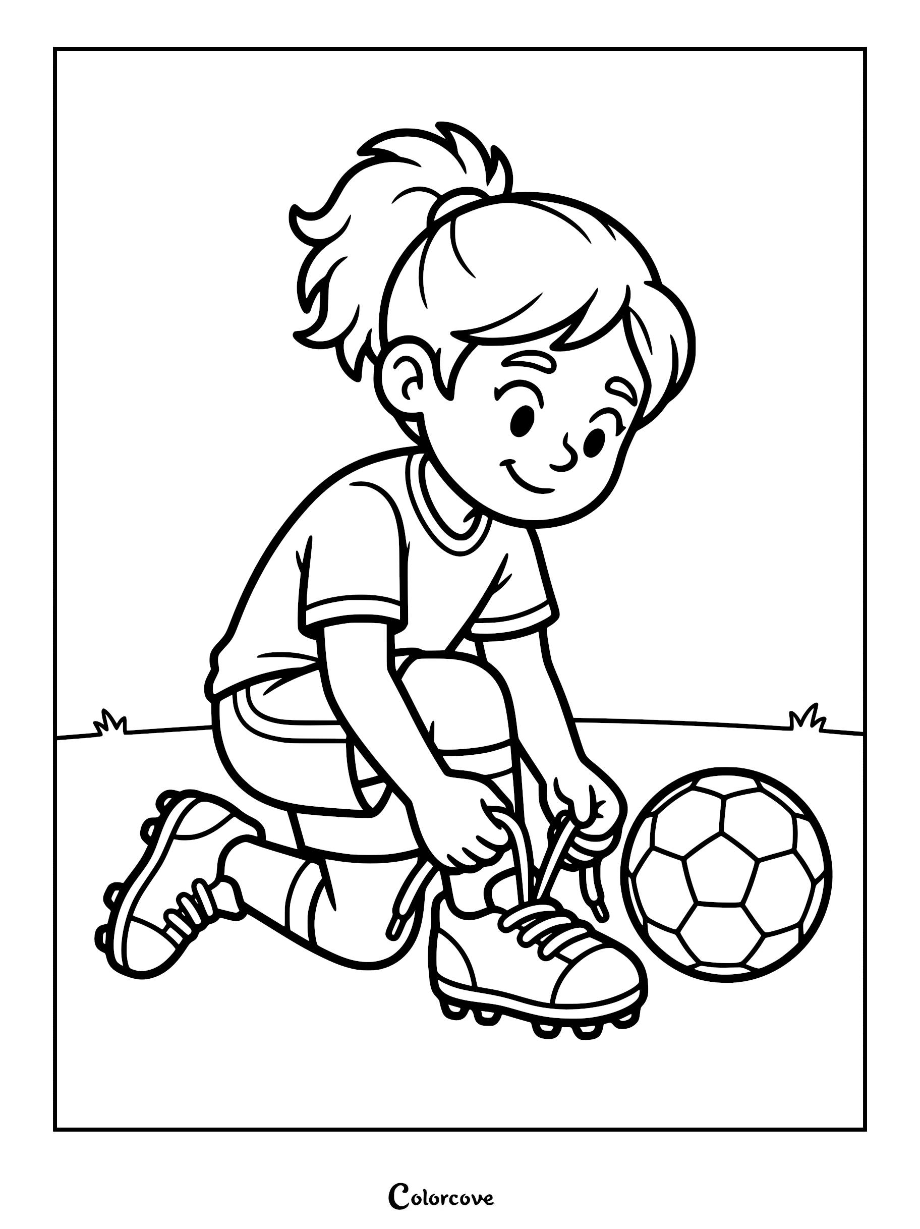 A young girl with a ponytail kneeling on the grass to tie her soccer cleats next to a soccer ball in this printable coloring page.
