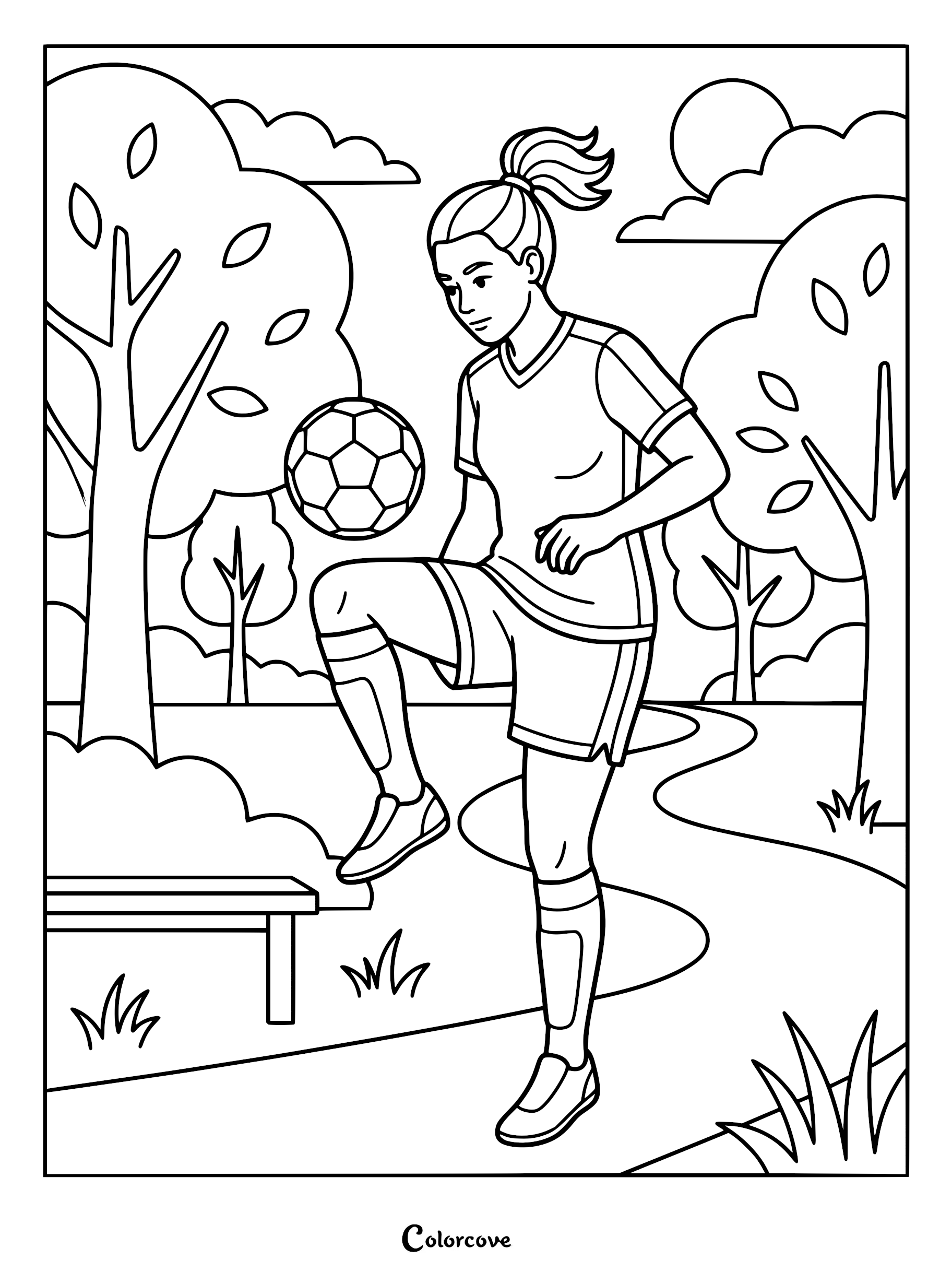 A female soccer player with a ponytail juggling a ball on her knee in a park setting, black and white coloring page.