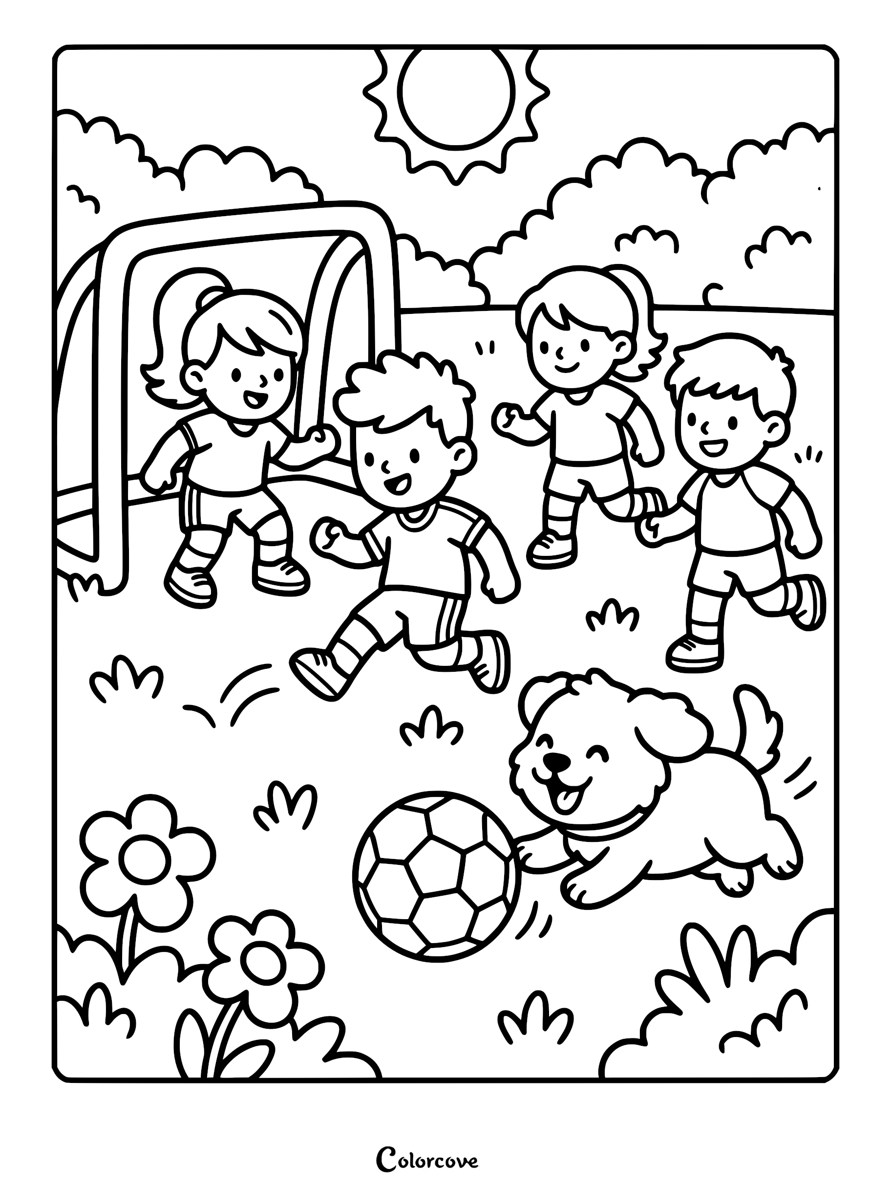 A group of children playing soccer with a happy puppy on a sunny day in this printable coloring page.