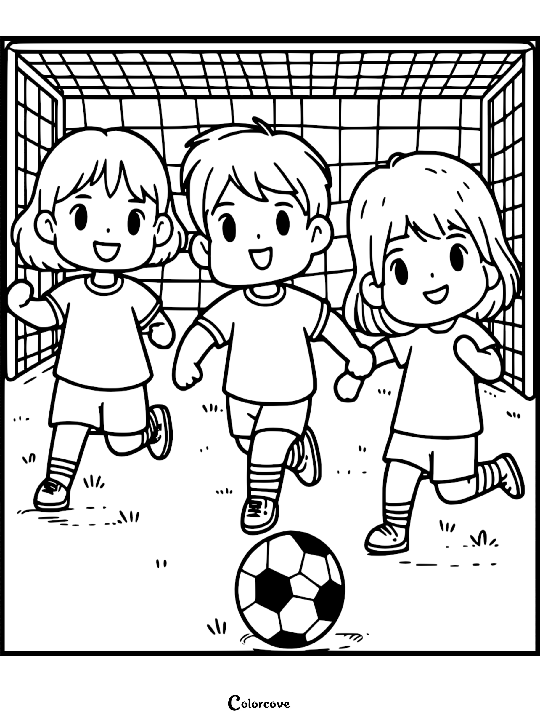 Three happy children running toward a soccer ball in front of a goal net, line art coloring page.