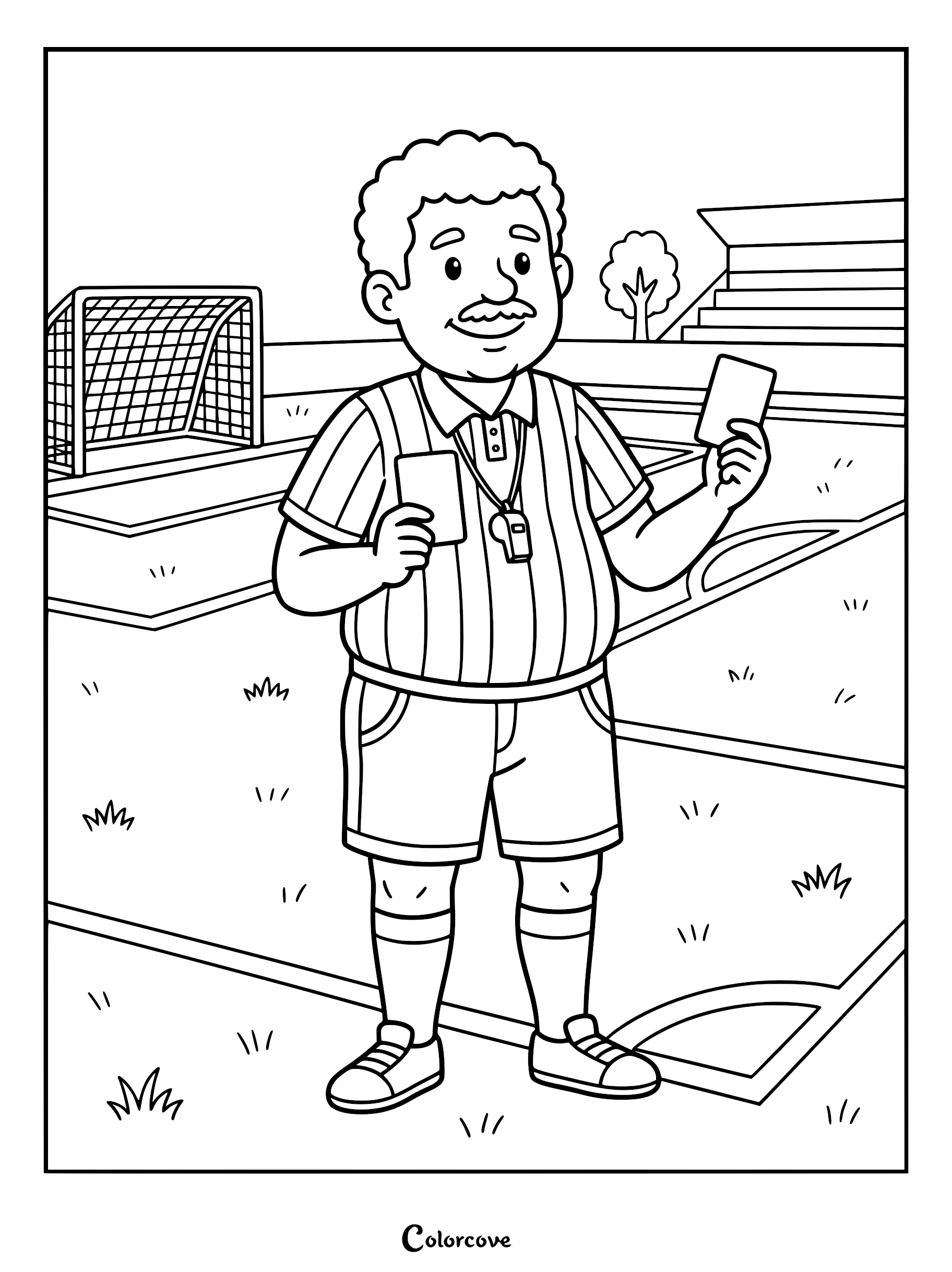 A friendly soccer referee wearing a striped shirt and whistle holding up red and yellow cards on a soccer field coloring page.