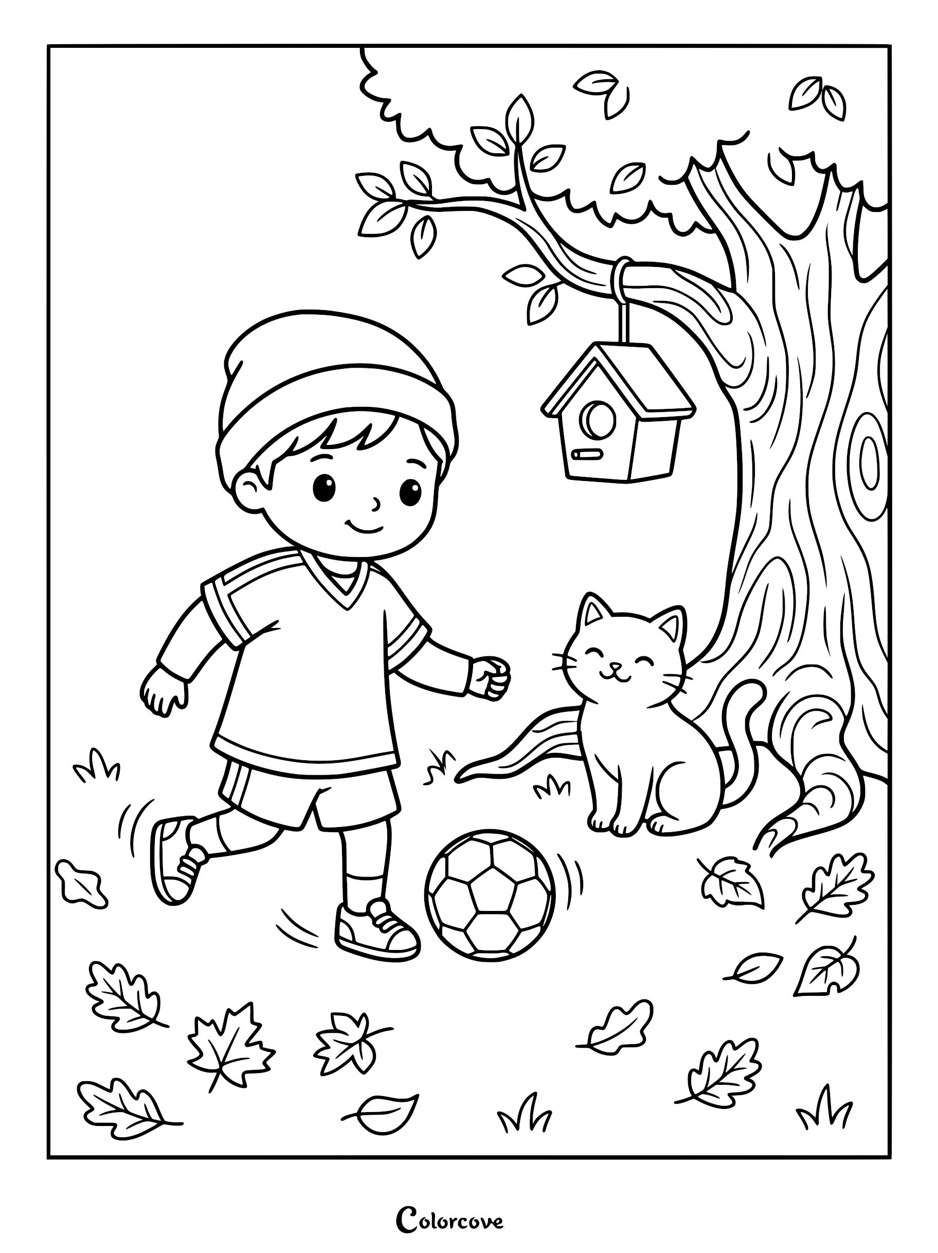 A young boy in a beanie and soccer uniform kicking a ball near a cat and a tree with a birdhouse in this autumn-themed coloring page.