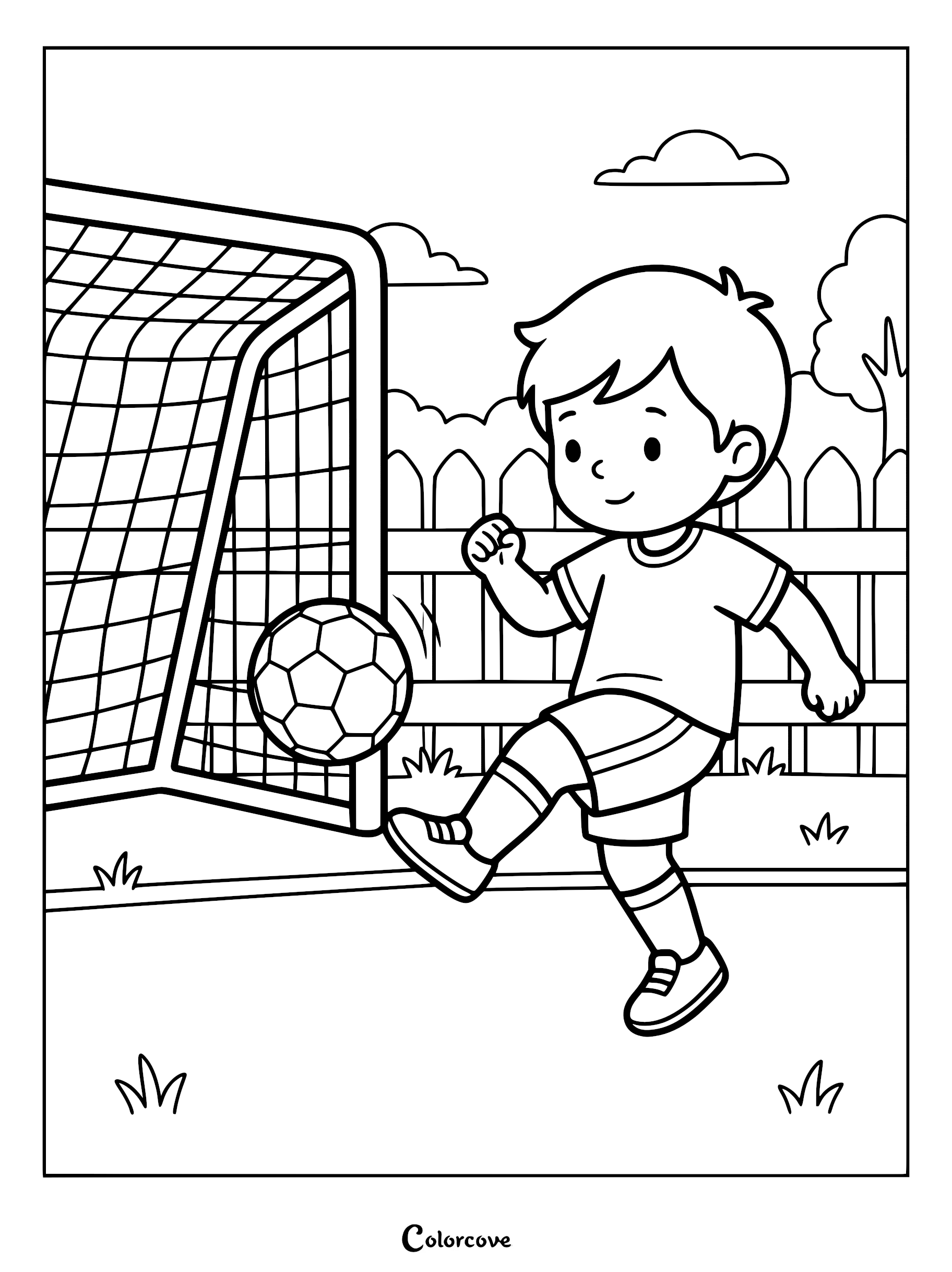 A young boy in a jersey kicking a soccer ball into a net in this printable coloring page.