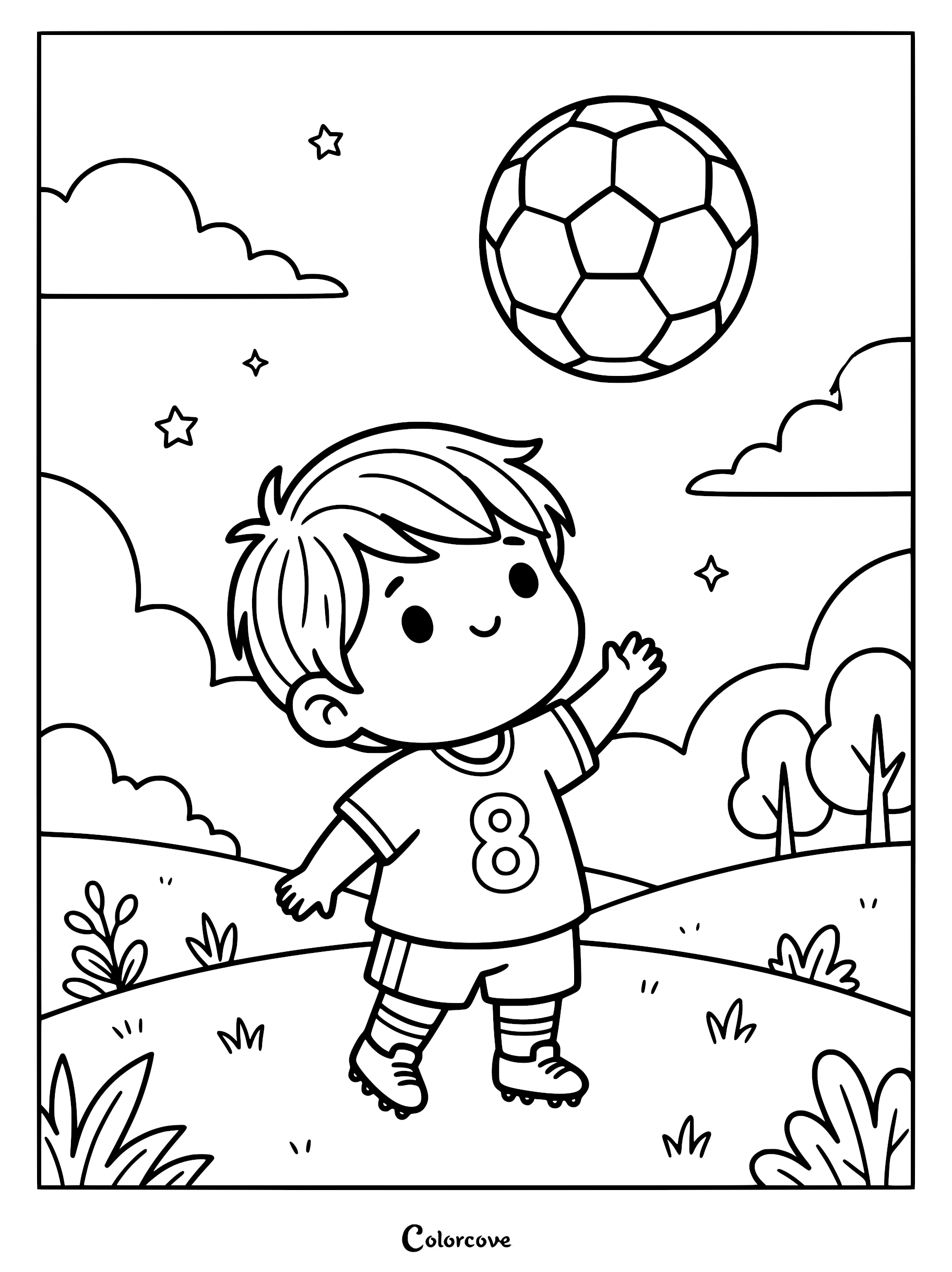 A cute boy wearing a jersey with number 8 reaching for a soccer ball in a grassy field coloring page.