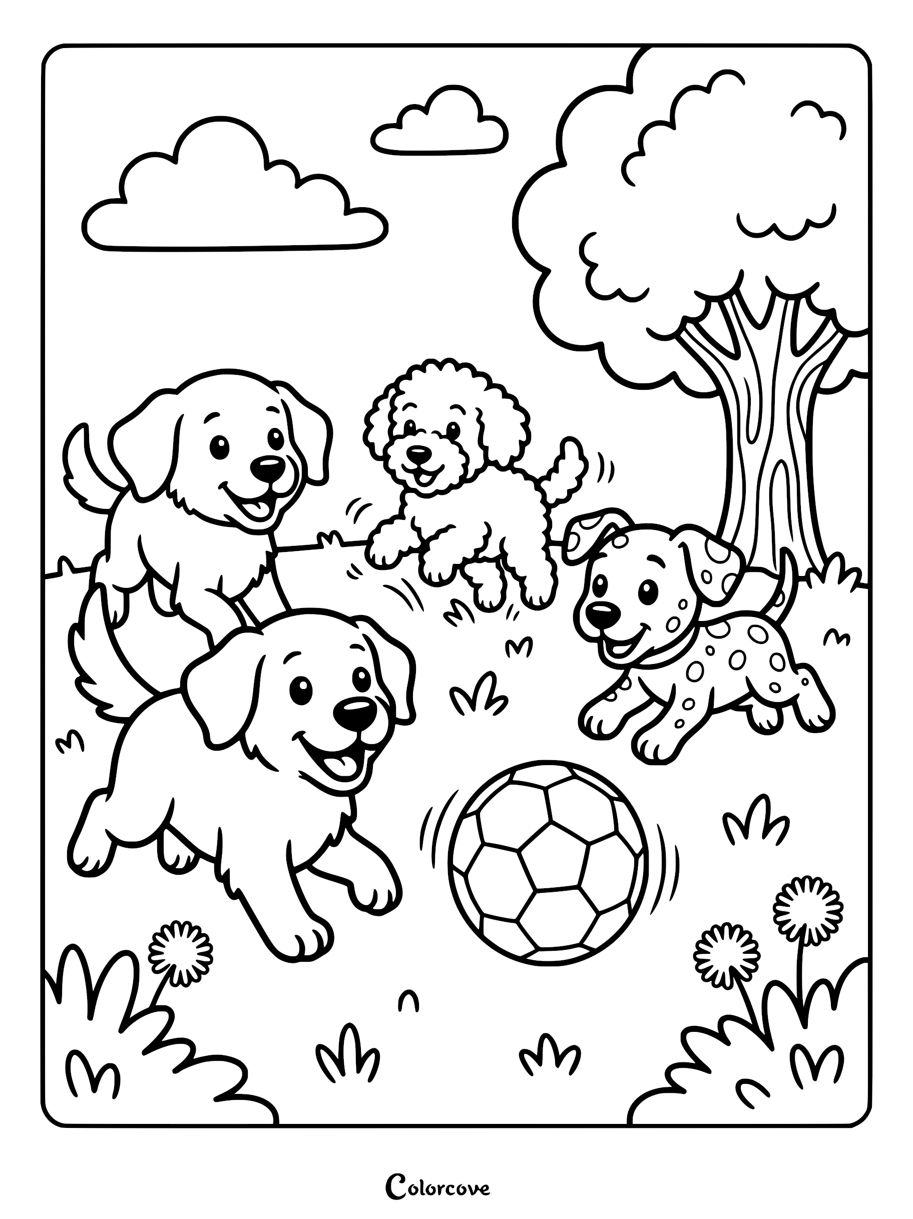 Three happy puppies, including a golden retriever and a dalmatian, chasing a soccer ball in a park coloring page.