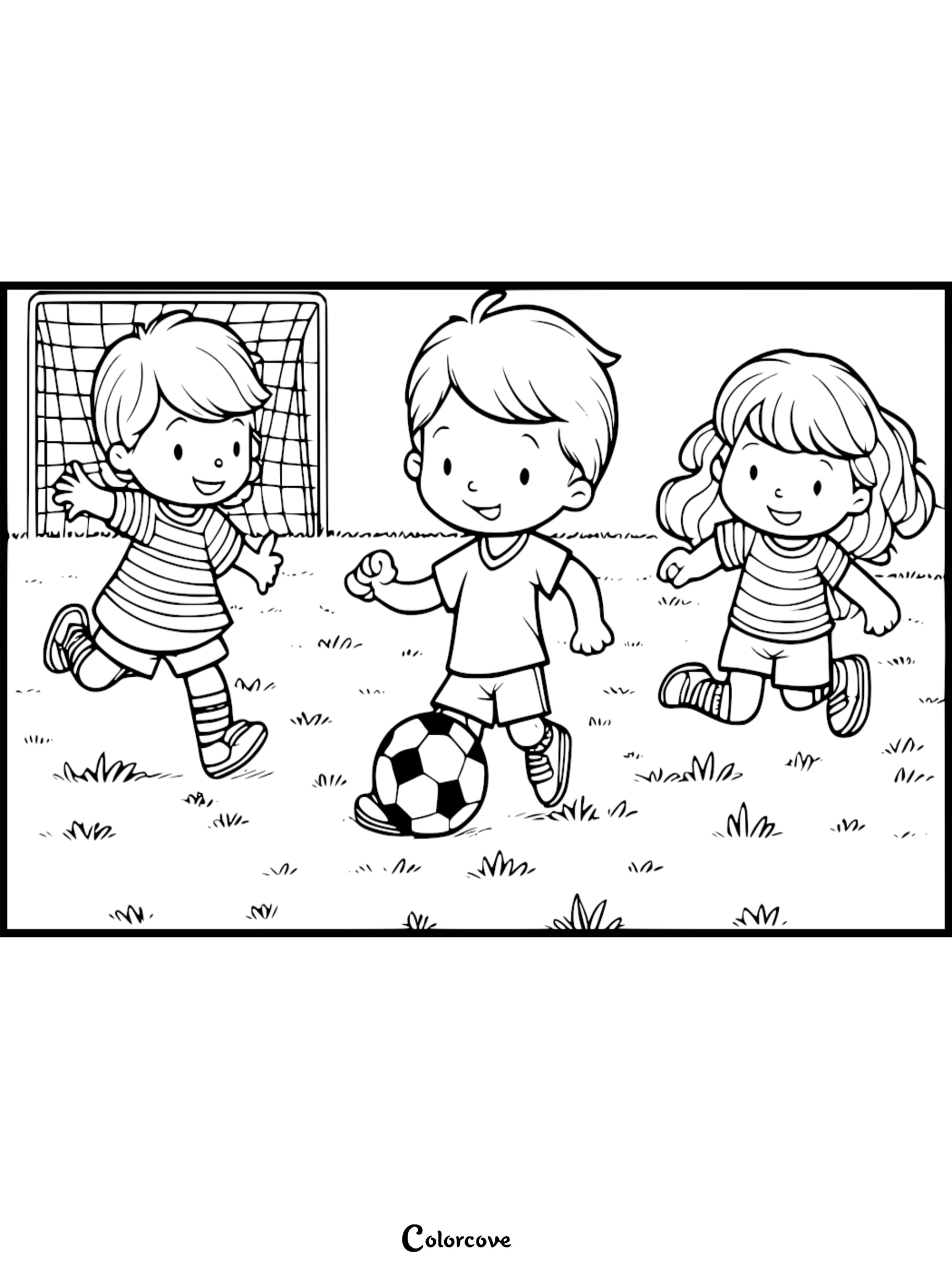 Three cartoon children playing soccer on a grassy field in front of a goal net, printable coloring page for kids.
