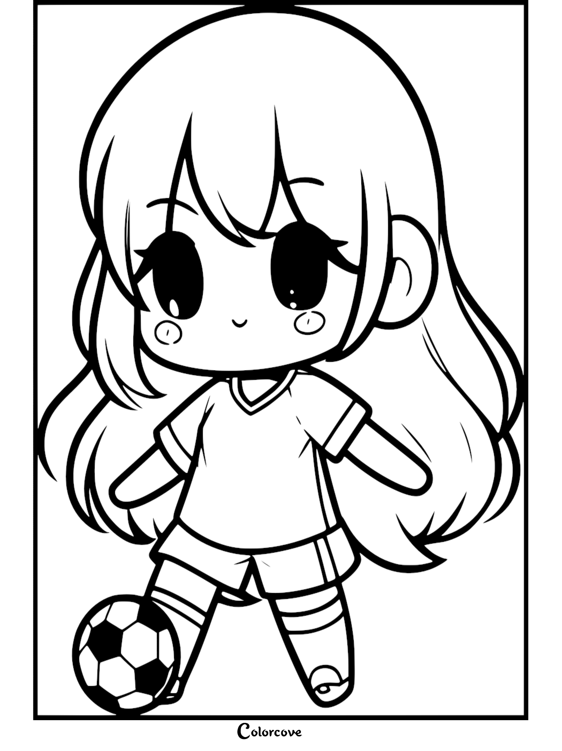 A cute chibi girl with long hair wearing a soccer uniform and dribbling a soccer ball in this printable coloring page.