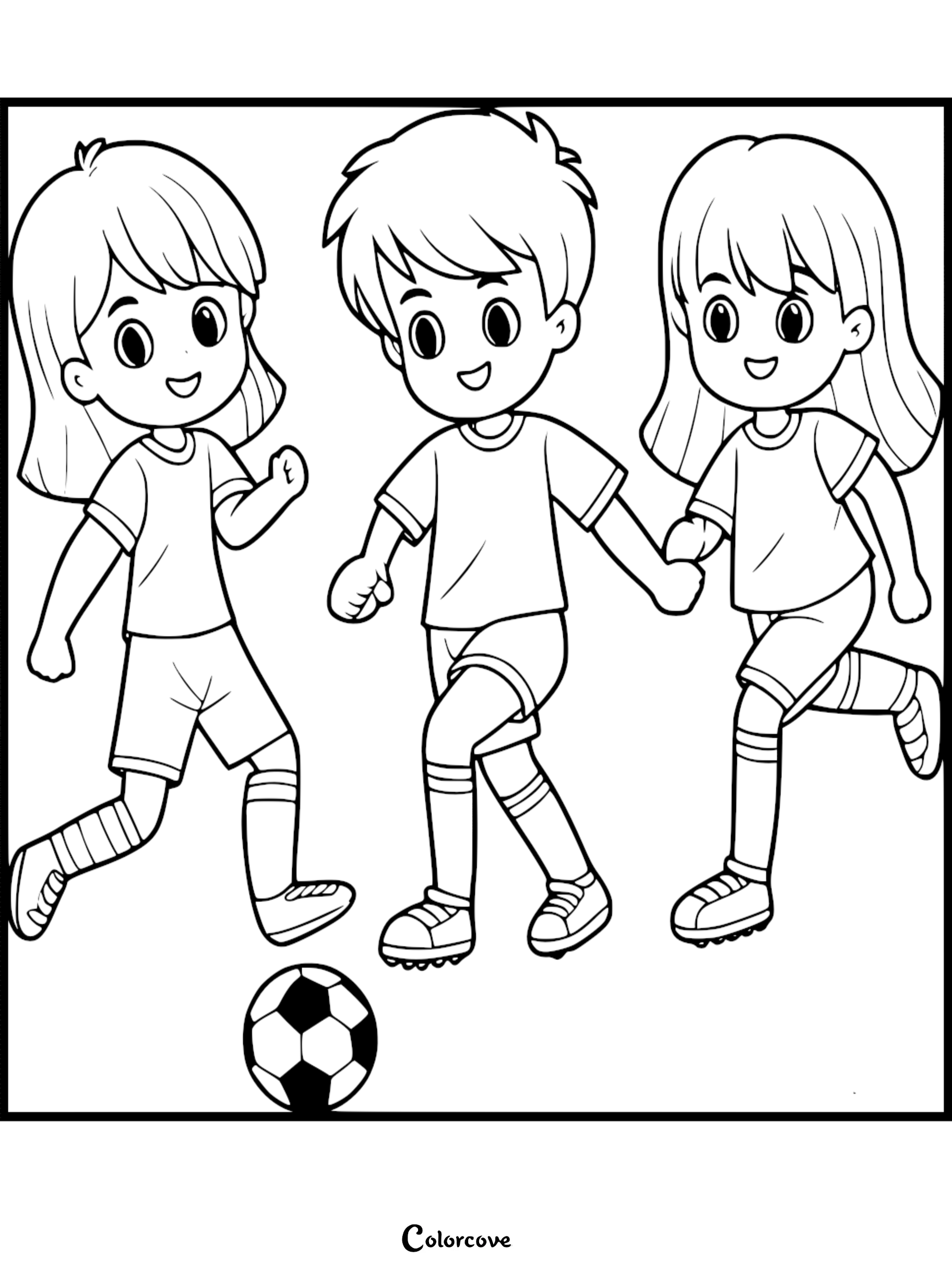 Three happy children in soccer uniforms running toward a soccer ball in this printable coloring page.