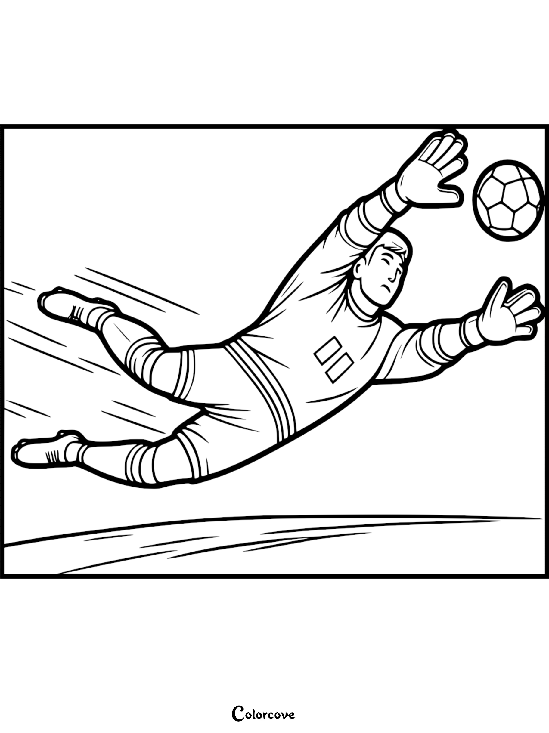 A soccer goalkeeper wearing gloves diving horizontally to block a soccer ball in this printable coloring page.