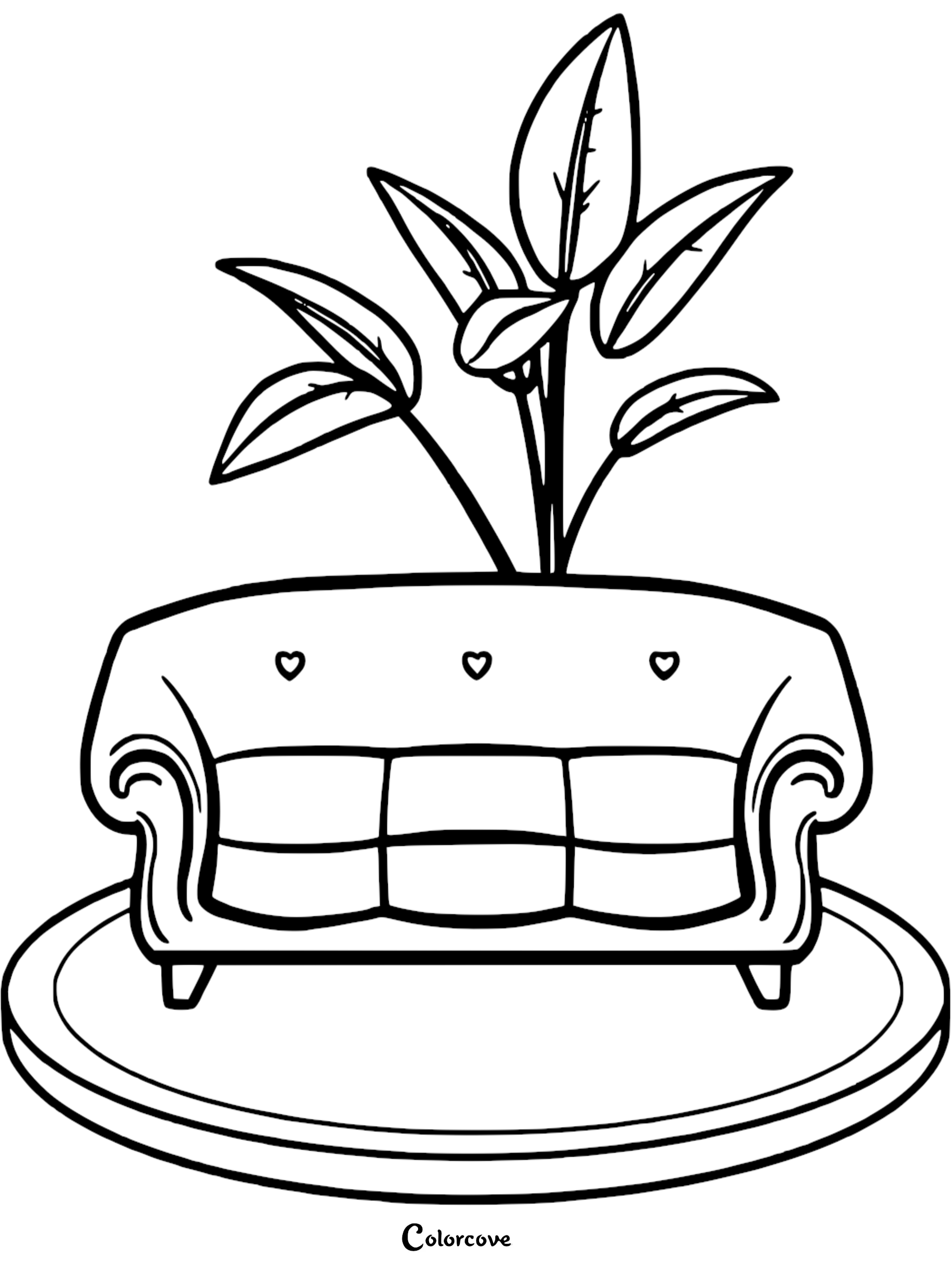 A simple line art coloring page featuring a three-cushion sofa decorated with small heart icons, placed on a circular rug with a potted plant behind it.