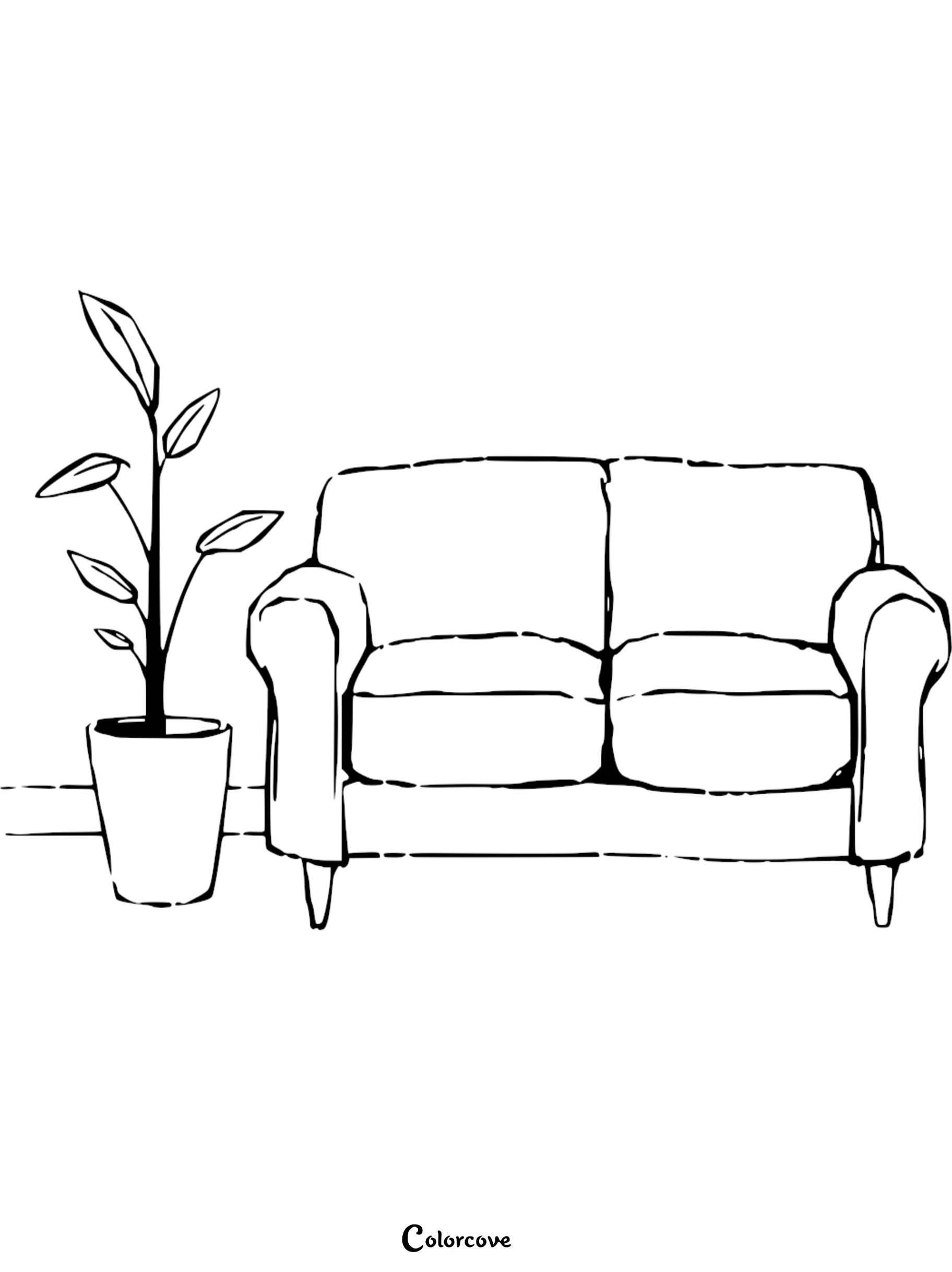 A simple line art coloring page featuring a two-seater sofa next to a tall potted houseplant in a minimalist living room setting.
