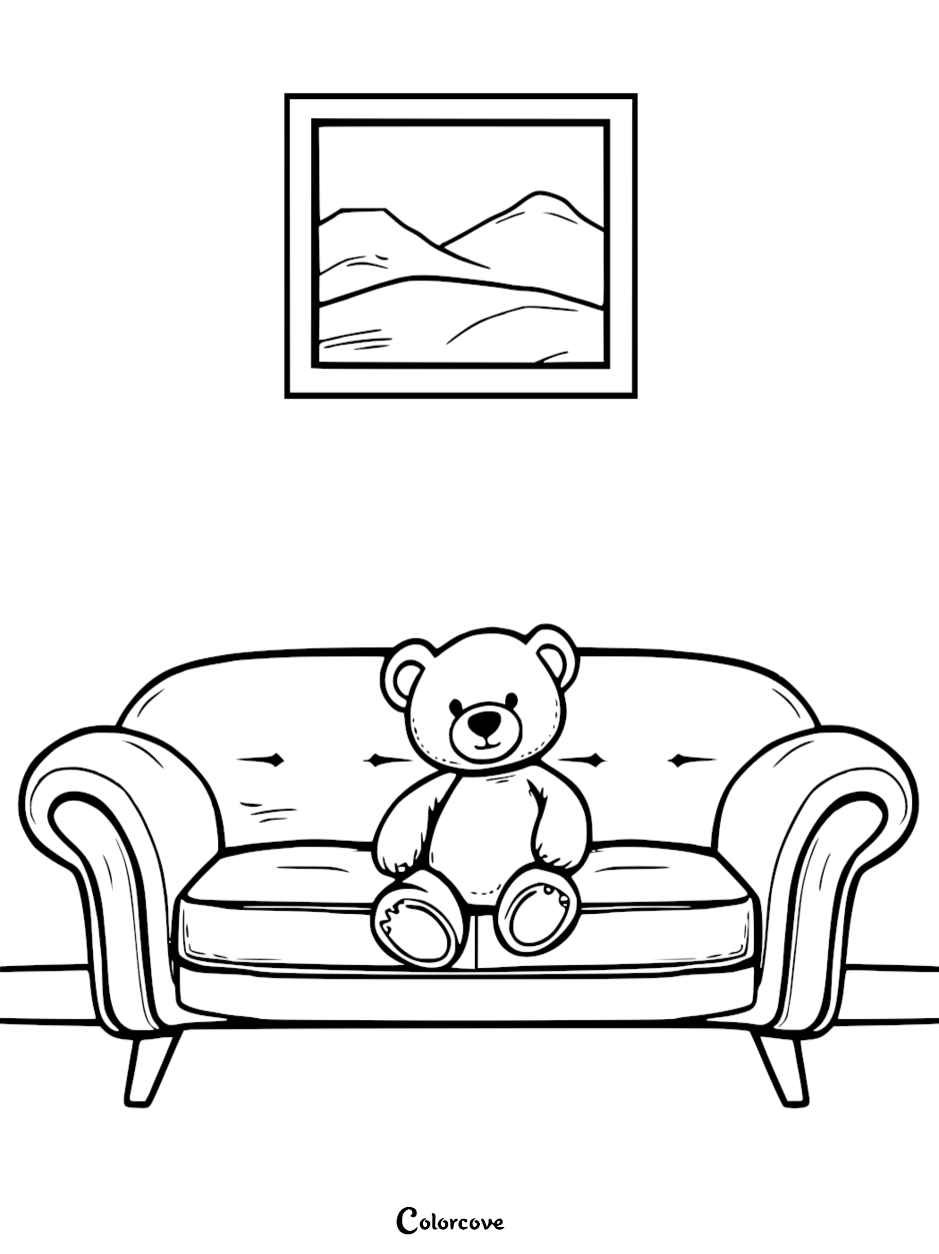 A cute teddy bear sitting on a plush sofa under a framed mountain landscape painting in this printable coloring page.