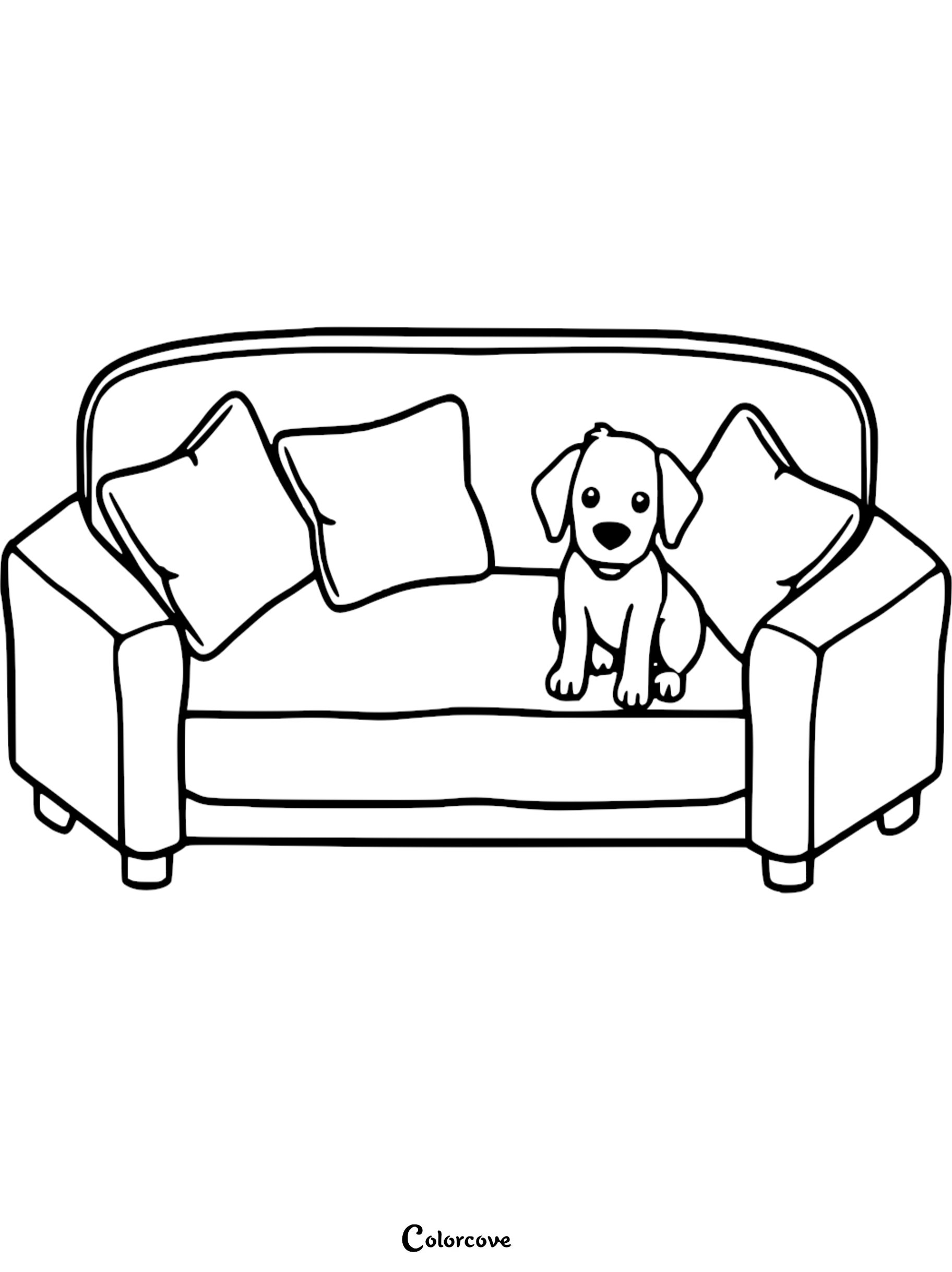 A cute puppy sitting on a cozy sofa with three pillows, line art coloring page.