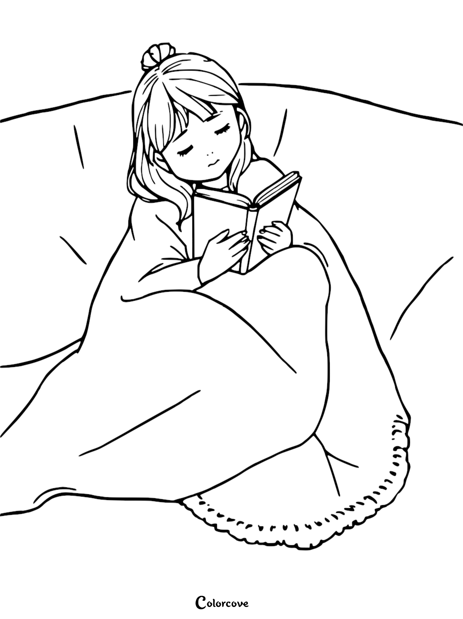 A girl with a hair bun wrapped in a blanket reading a book on a cozy sofa coloring page.
