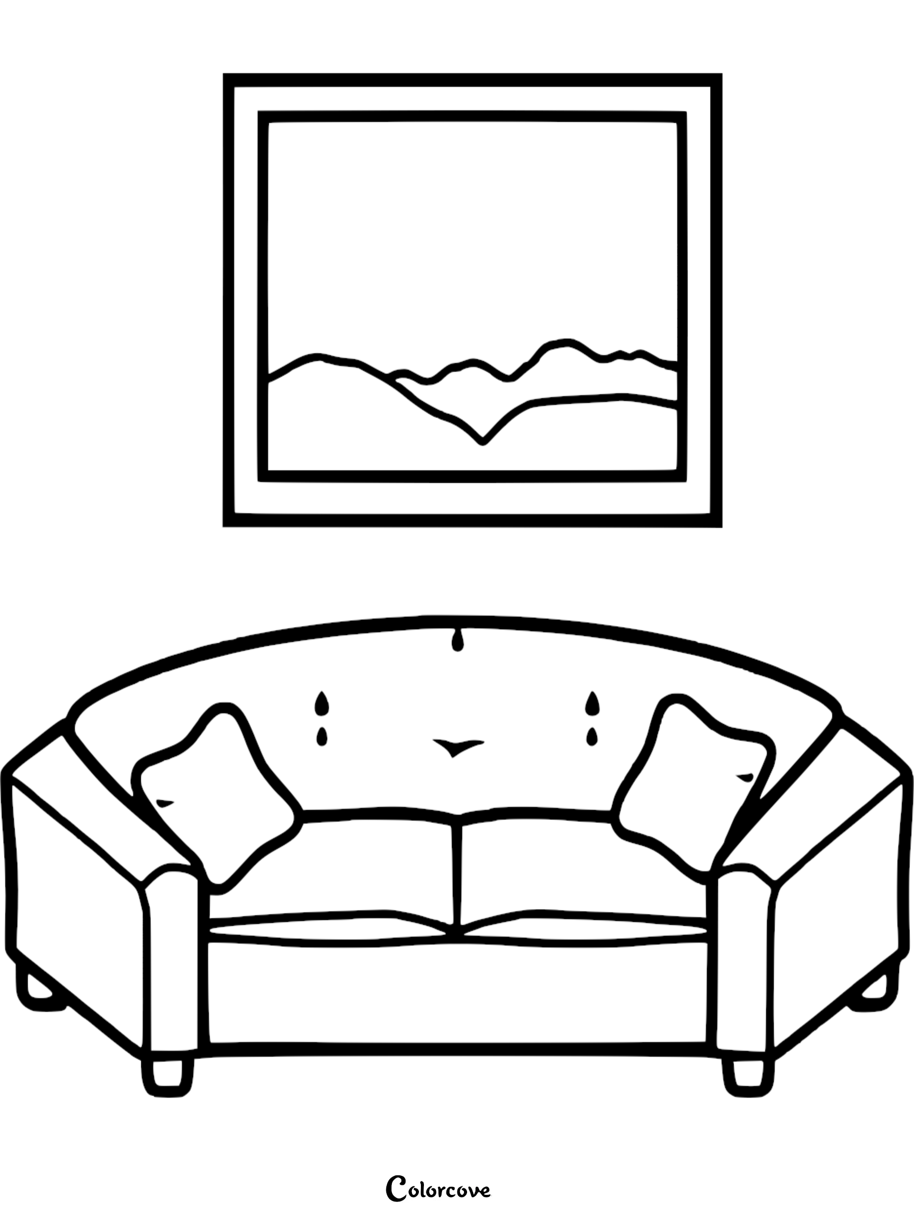A simple line art coloring page featuring a curved sofa with two throw pillows placed beneath a framed landscape painting of mountains.