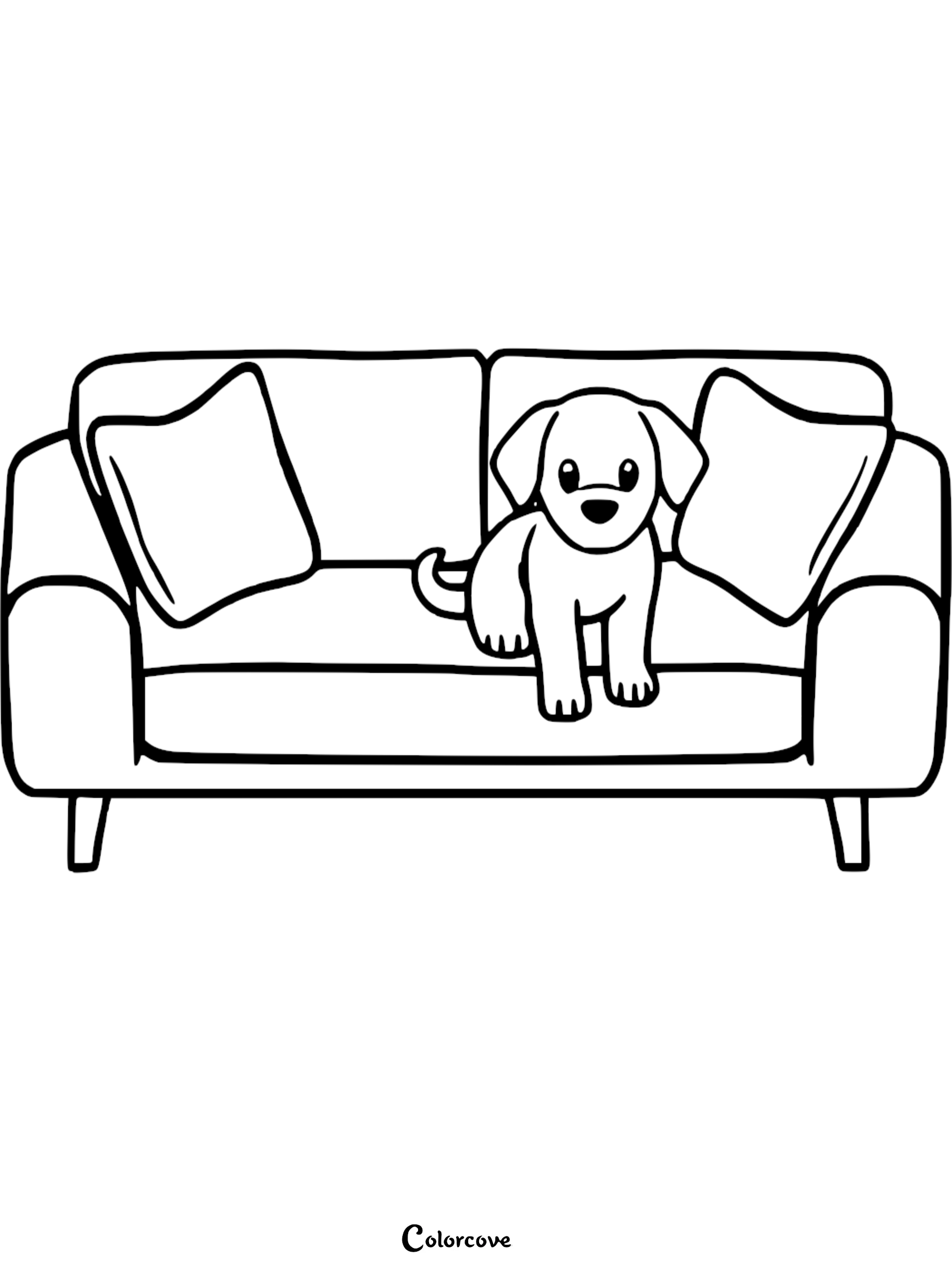A cute puppy sitting on a modern sofa between two pillows in this printable coloring page.