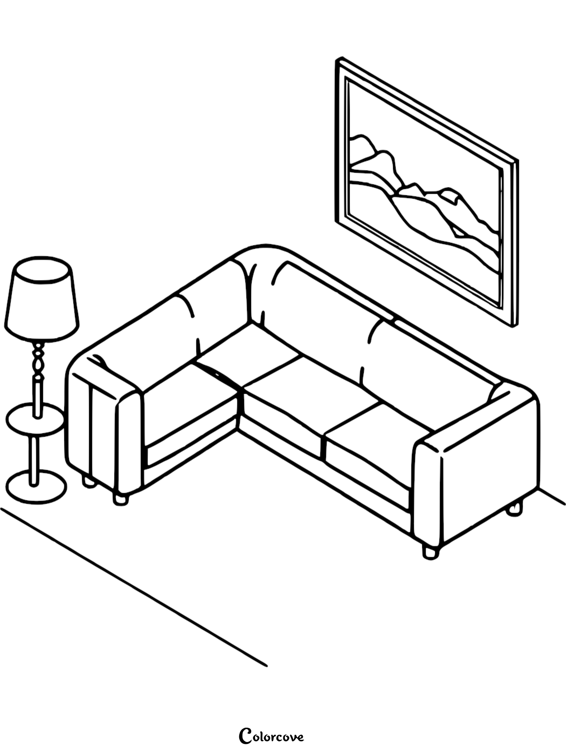 Isometric line art coloring page featuring an L-shaped sectional sofa, a floor lamp, and a framed mountain landscape painting on the wall.