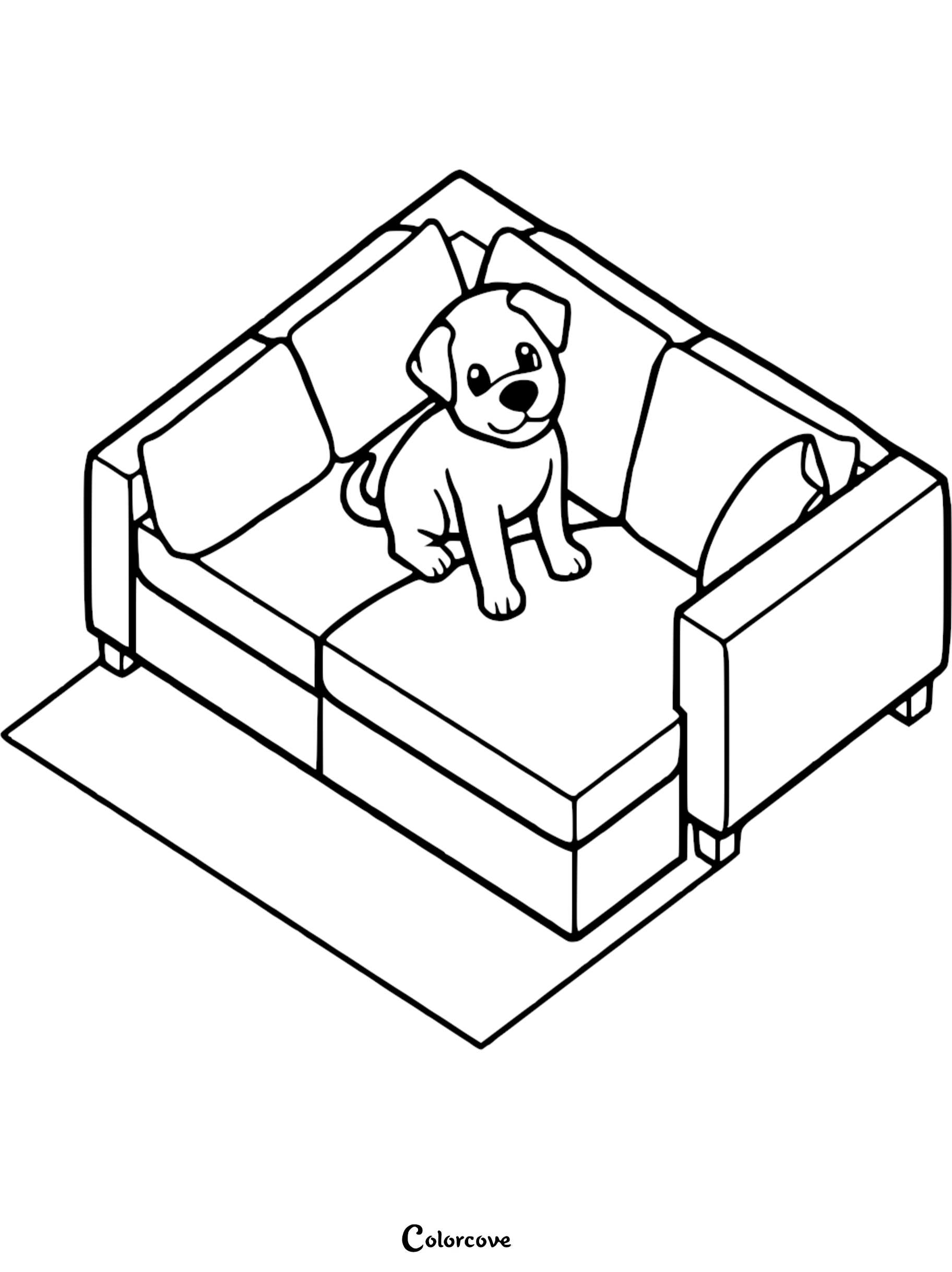 A cute puppy sitting on a modern sectional sofa in this isometric line art coloring page.