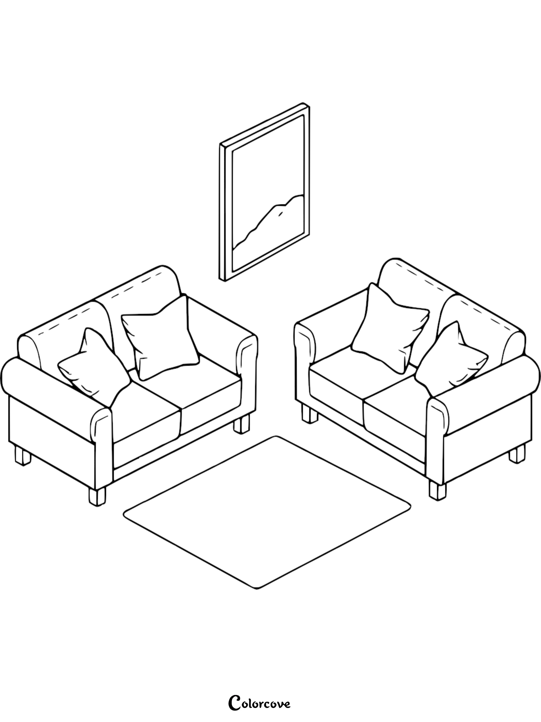 Isometric line art coloring page featuring two plush sofas with throw pillows facing a rectangular rug and a wall picture frame.