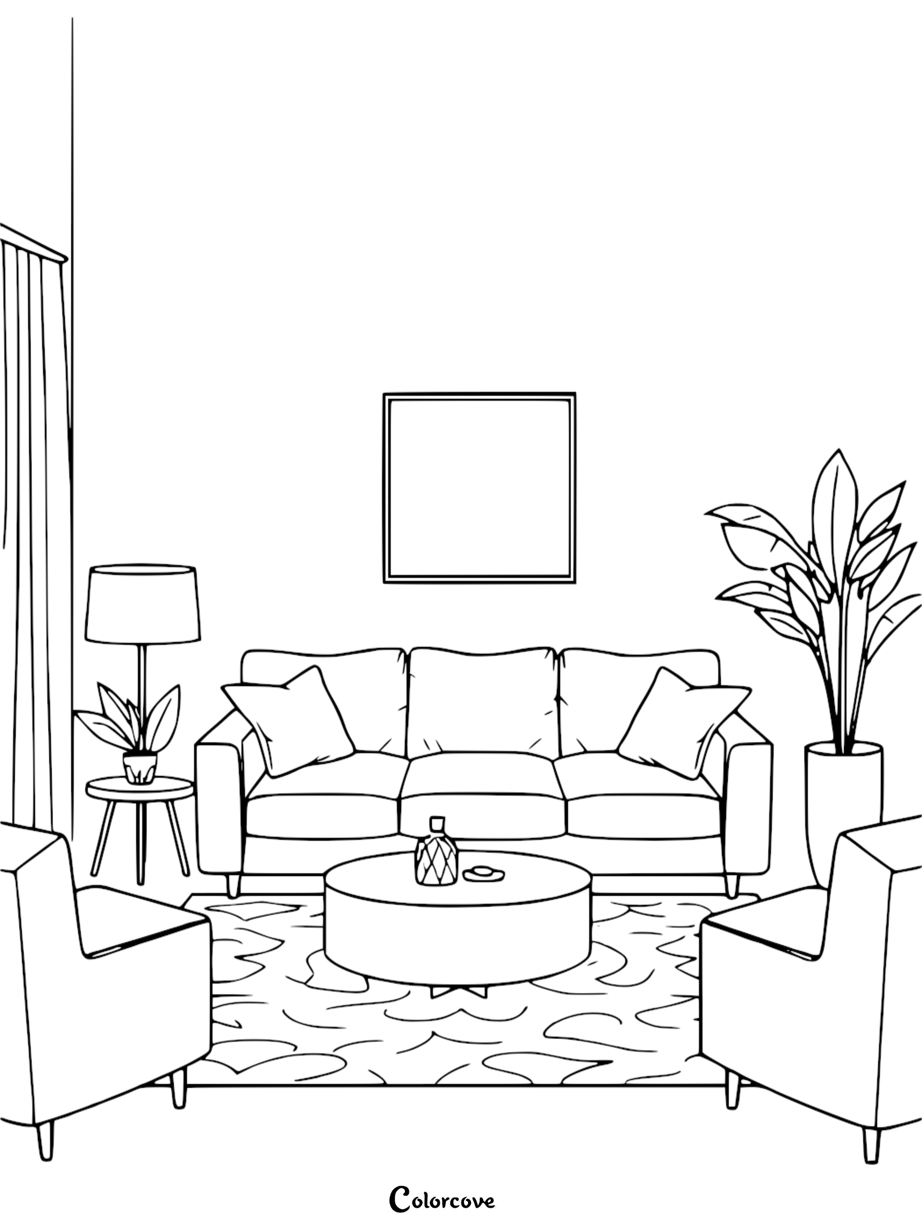 A line art coloring page featuring a modern three-seater sofa, two armchairs, a round coffee table, a floor lamp, and a potted plant in a living room setting.