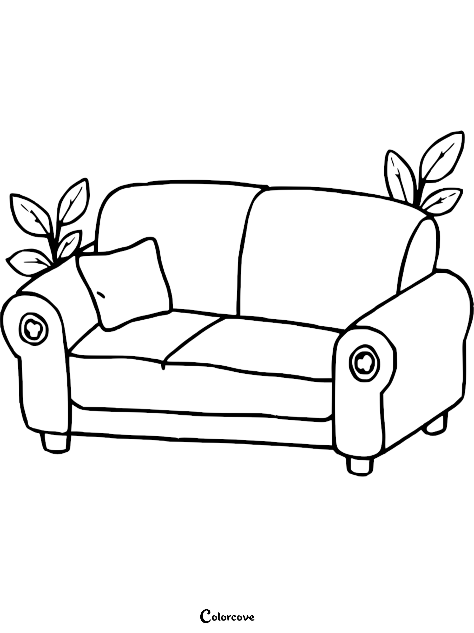 A simple line art coloring page of a two-seater sofa featuring a single throw pillow and decorative leafy plants on both sides.