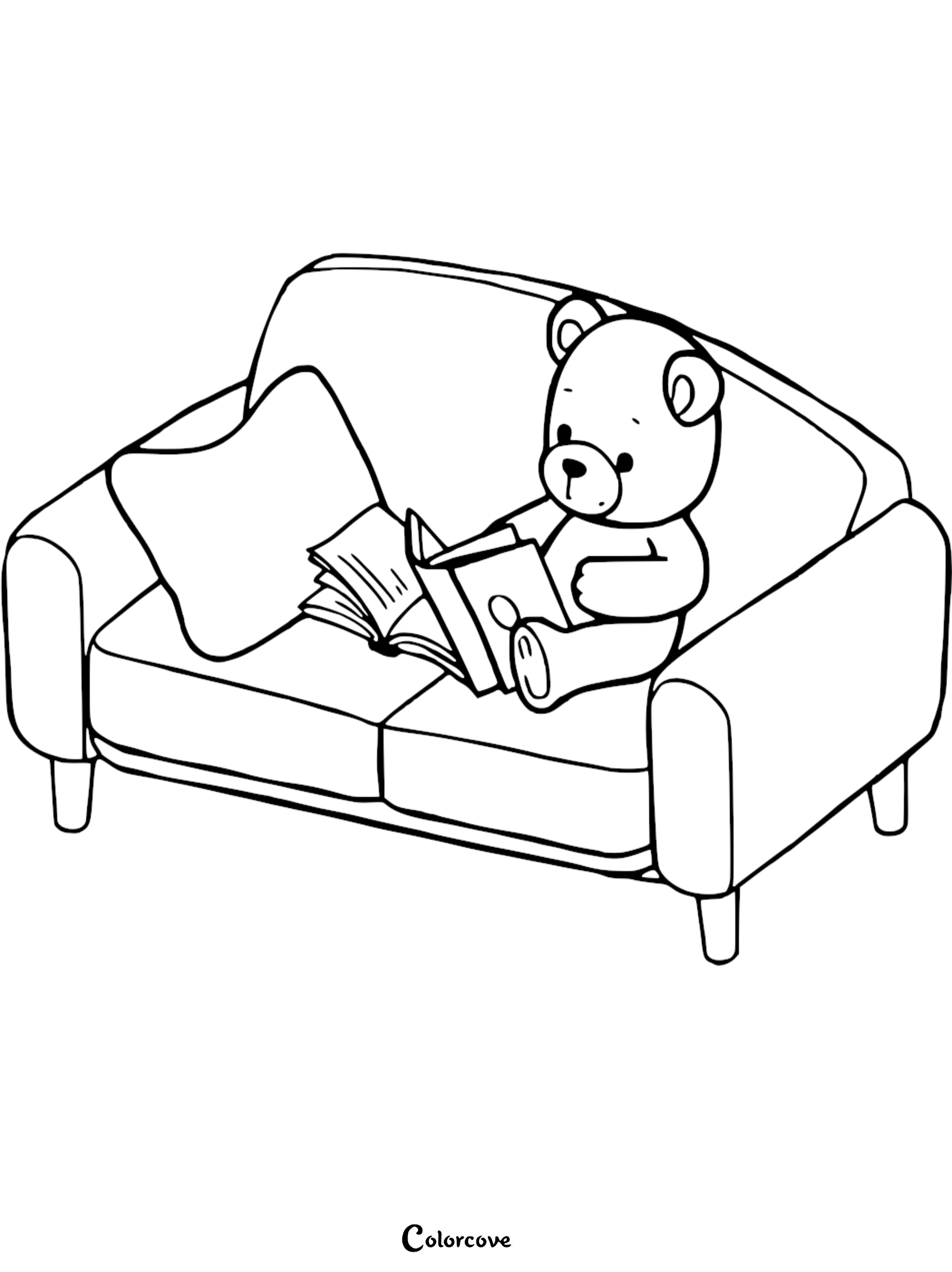 A cute teddy bear sitting on a cozy sofa reading an open book, line art coloring page.